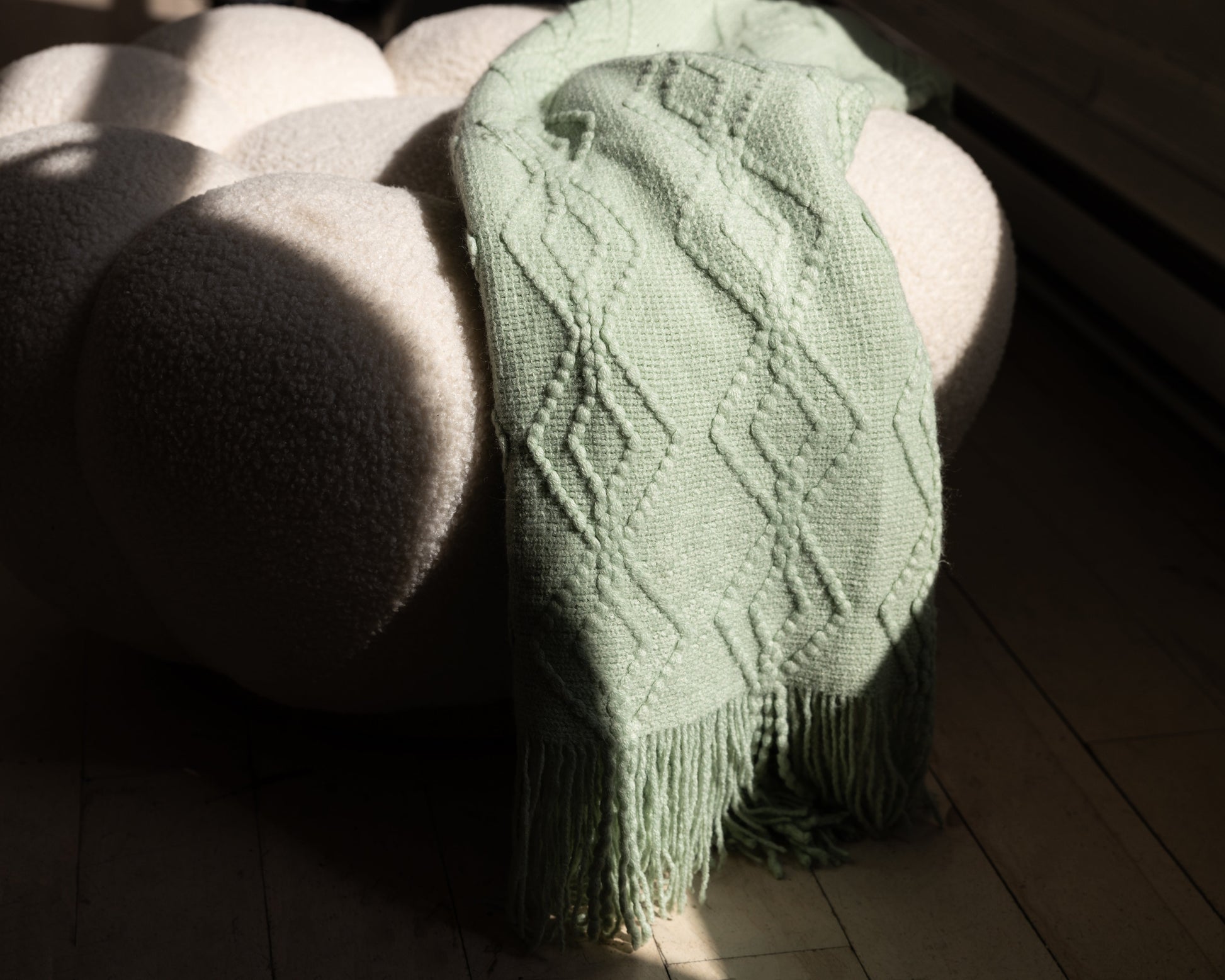 Textured Sage Throw Blanket with Fringe-Throw Blankets-DECOROLALA