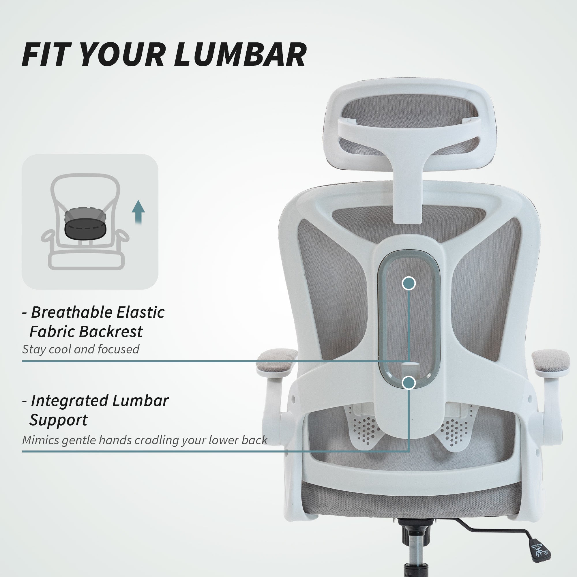 Ergonomic Office Chair, Swivel Desk Chair with Adjustable Lumbar Support, Headrest and Height, Flip-up Armrests, Grey-Office Products > Office Furniture > Office Chairs > Task Chairs-DECOROLALA