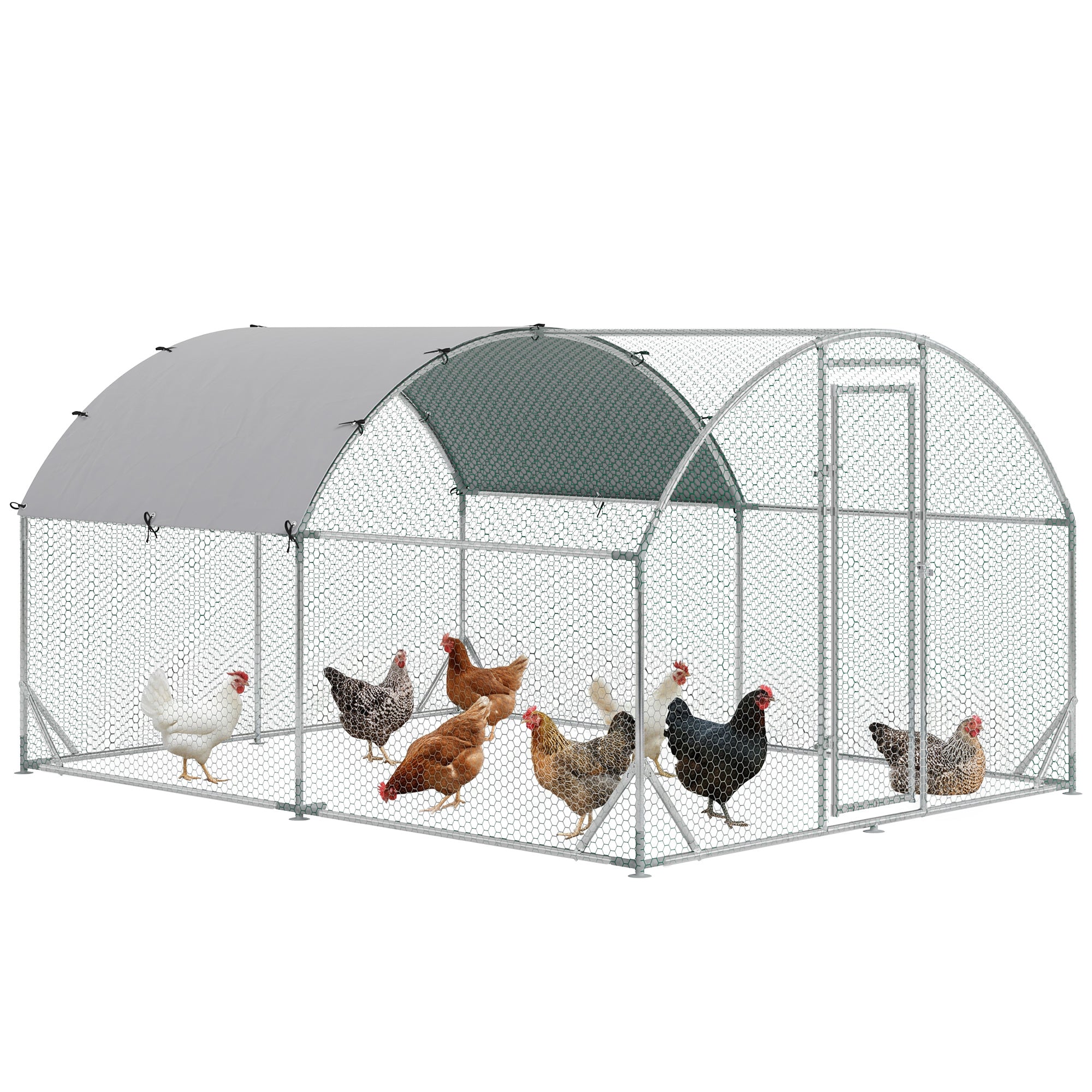 Grand poulailler en métal galvanisé avec cage, enclos accessible, parcours pour volailles, maison pour poules, parc de jeu et clapier avec couverture pour extérieur et jardin, 9.2' x 12.5' x 6.5', argenté