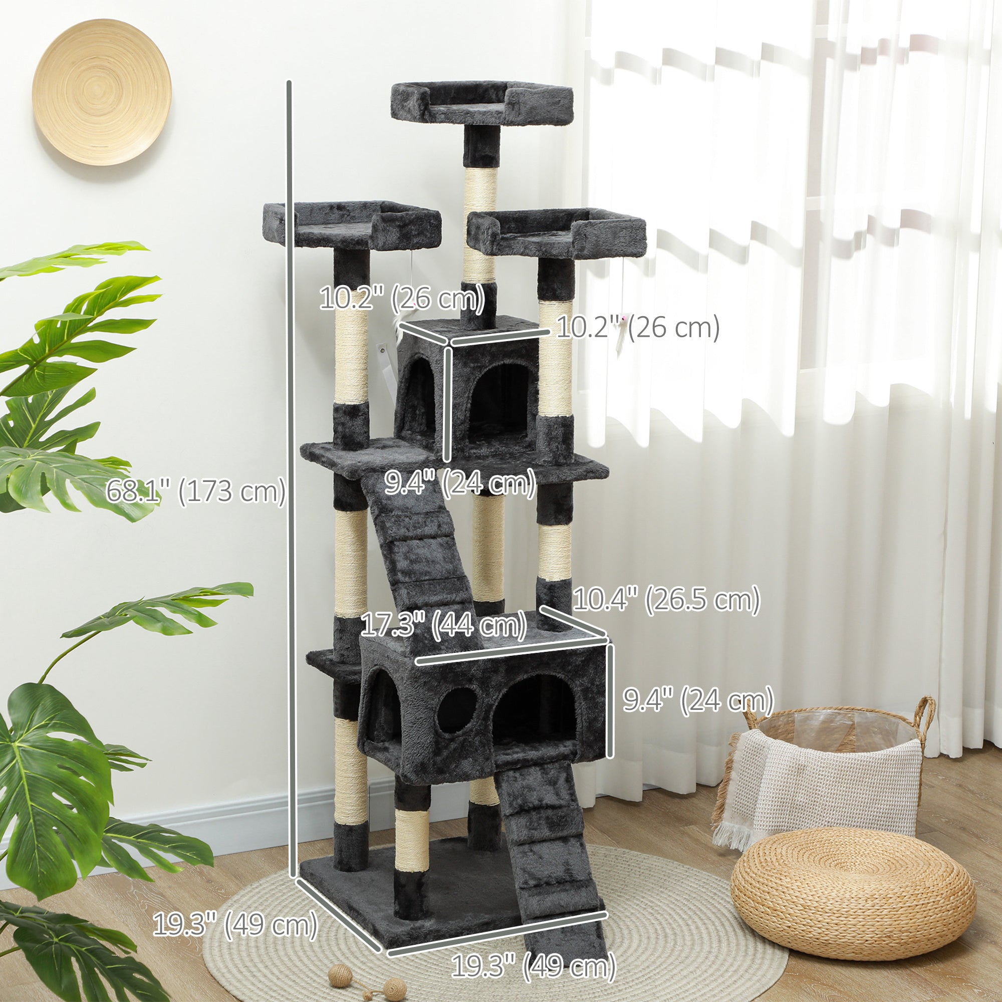 68" Multi-Level Cat Scratching Tree with 3 Perches & 2 Condos, 4 Tier Kitty Activity Center with Ladders & Dangling Toys, Grey