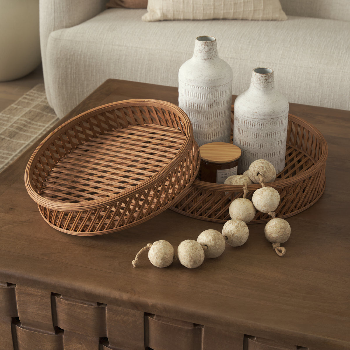 Thala Round Wicker Trays - Medium Brown (Set of 2)-Decorative Trays-DECOROLALA