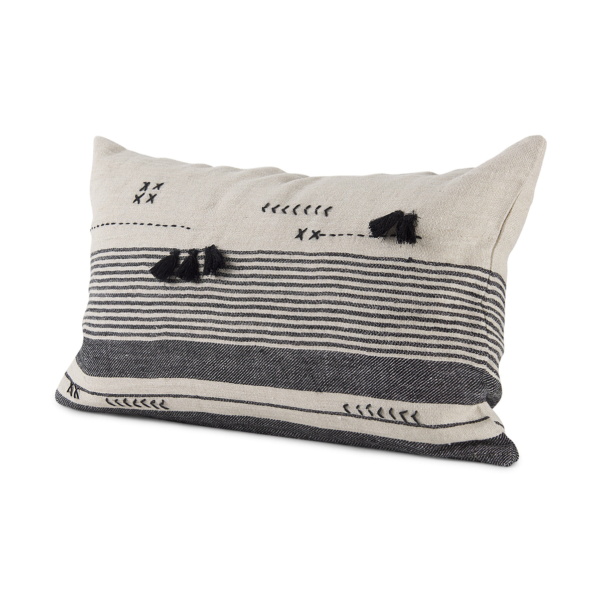 Thalia 13x21 Black and Beige Fabric Striped w/Fringe Pillow Cover-Decorative Pillows-DECOROLALA