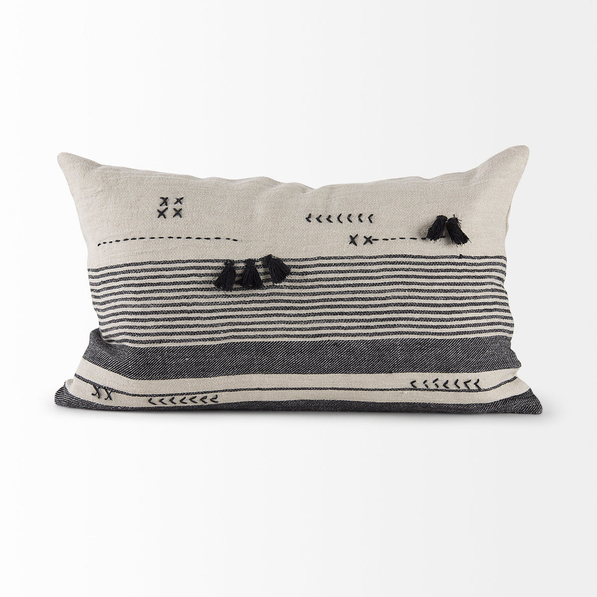 Thalia 13x21 Black and Beige Fabric Striped w/Fringe Pillow Cover-Decorative Pillows-DECOROLALA