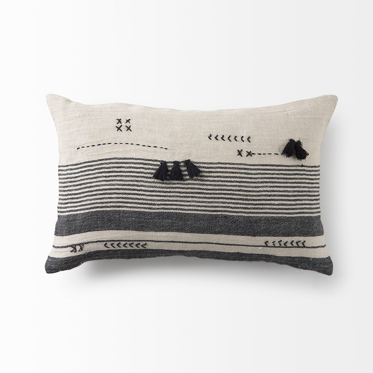 Thalia 13x21 Black and Beige Fabric Striped w/Fringe Pillow Cover-Decorative Pillows-DECOROLALA