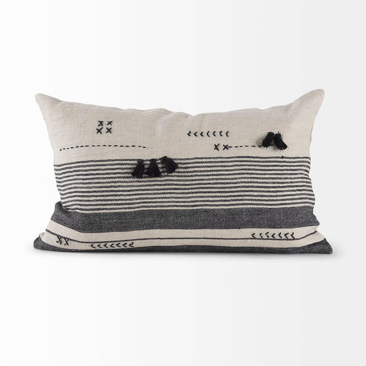 Thalia 13x21 Black and Beige Fabric Striped w/Fringe Pillow Cover w/Down Filler-Decorative Pillows-DECOROLALA