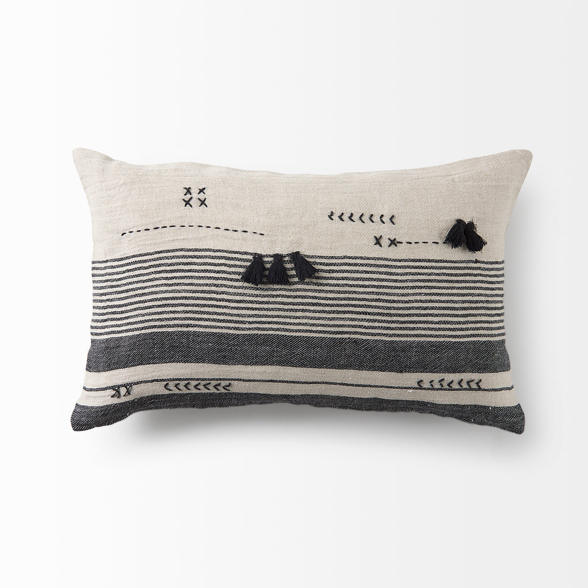 Thalia 13x21 Black and Beige Fabric Striped w/Fringe Pillow Cover w/Down Filler-Decorative Pillows-DECOROLALA