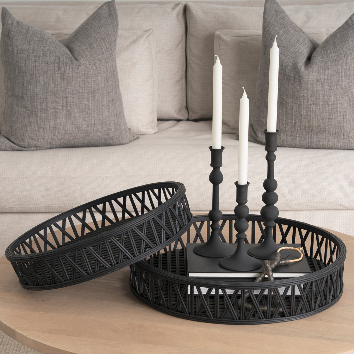 Thea Matte Black Wicker Trays (Set of 2)-Trays-DECOROLALA