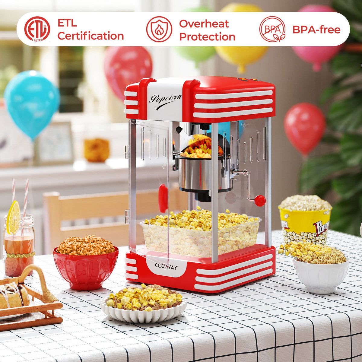 Theater Style Countertop Popcorn Maker with Stainless Steel Kettle-Red-Small Appliances-DECOROLALA