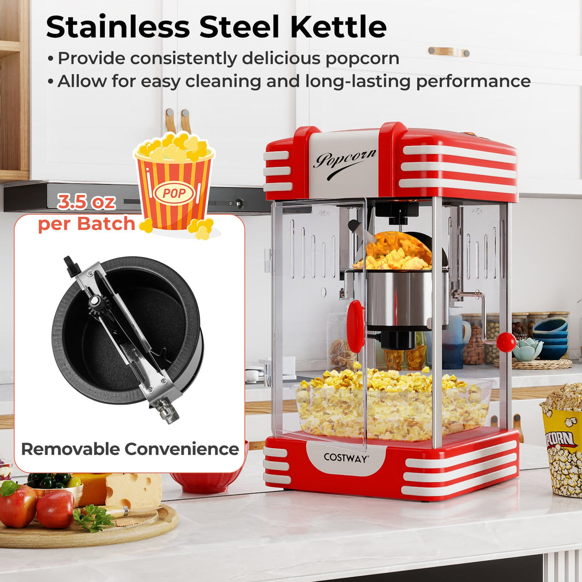 Theater Style Countertop Popcorn Maker with Stainless Steel Kettle-Red-Small Appliances-DECOROLALA