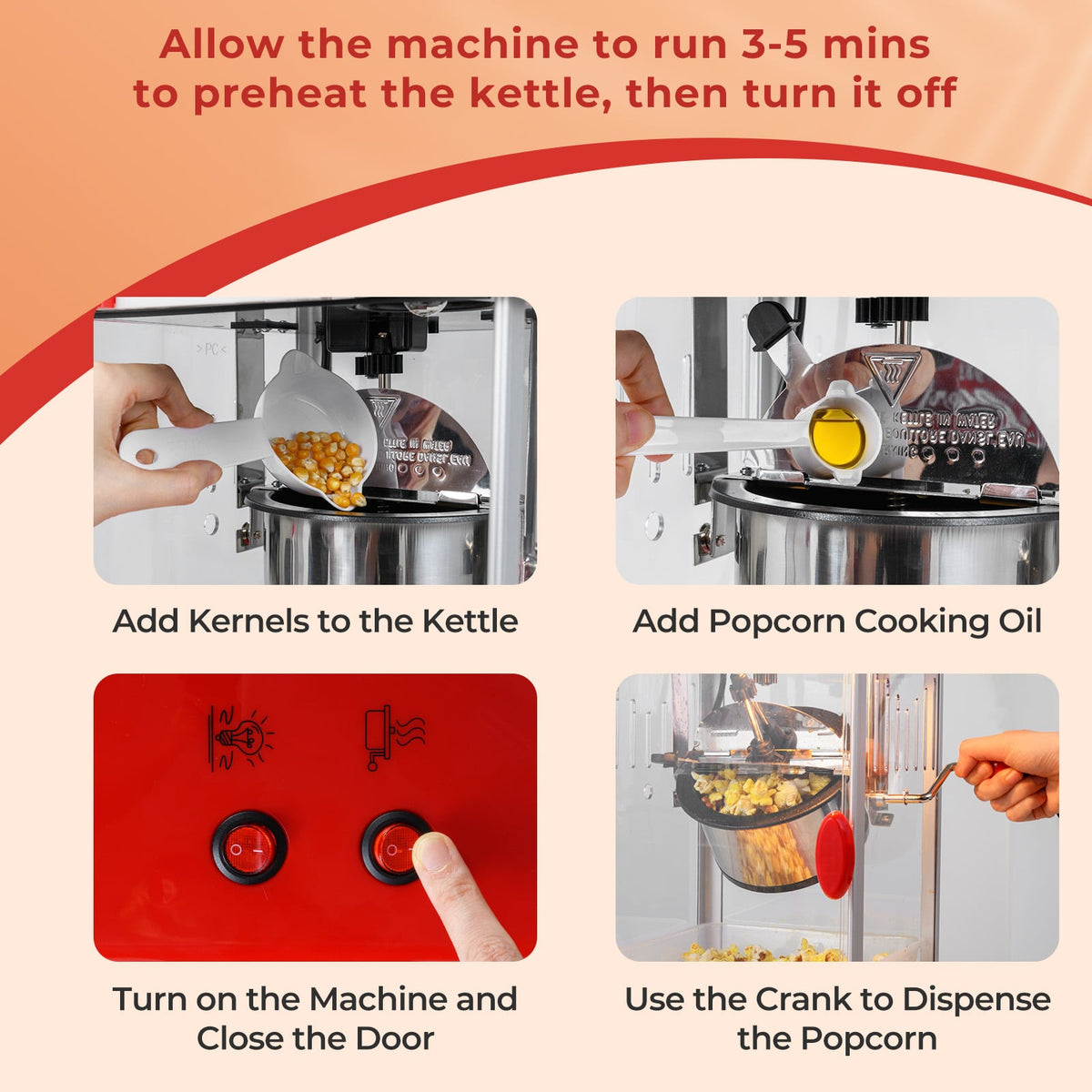 Theater Style Countertop Popcorn Maker with Stainless Steel Kettle-Red-Small Appliances-DECOROLALA