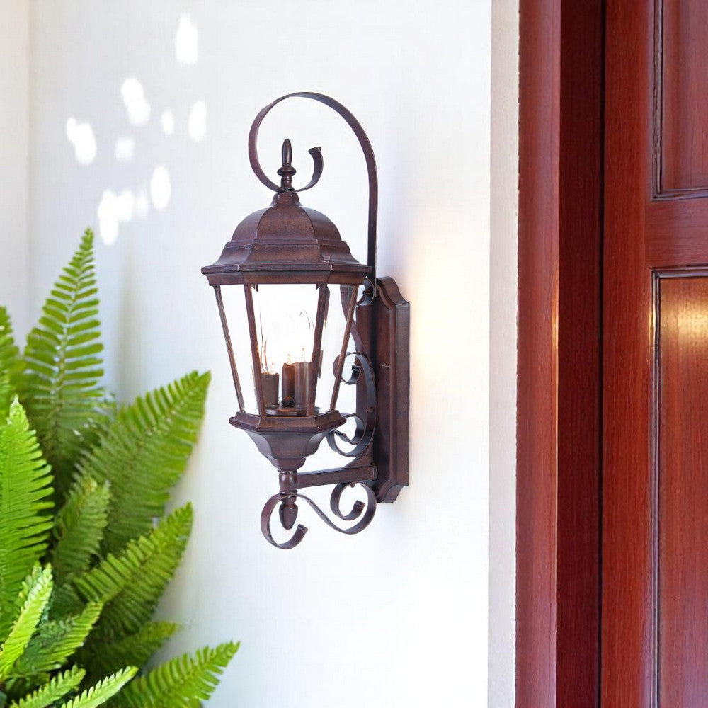 Three Light Dark Brown Swing Arm Lantern Wall Light-Outdoor Lighting-DECOROLALA