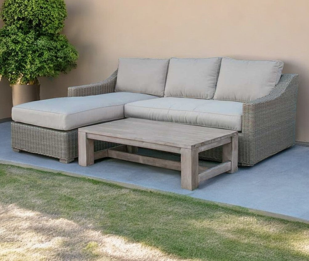 Three Piece Outdoor Gray Rattan Sectional Seating Group with Beige Cushions-Outdoor Furniture - Conversation Sets-DECOROLALA
