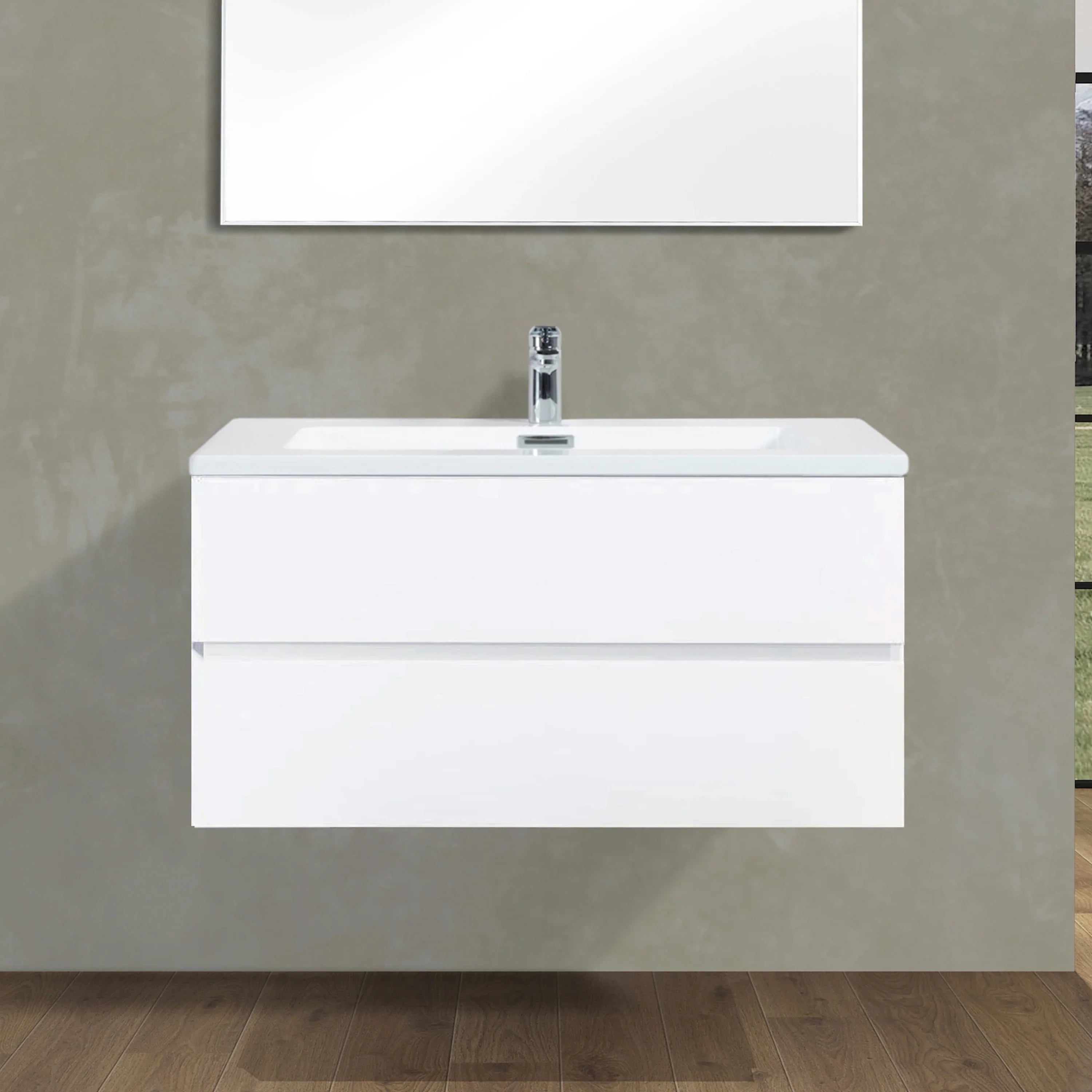 40" White Wall Mount Bathroom Vanity with White Polymarble Countertop