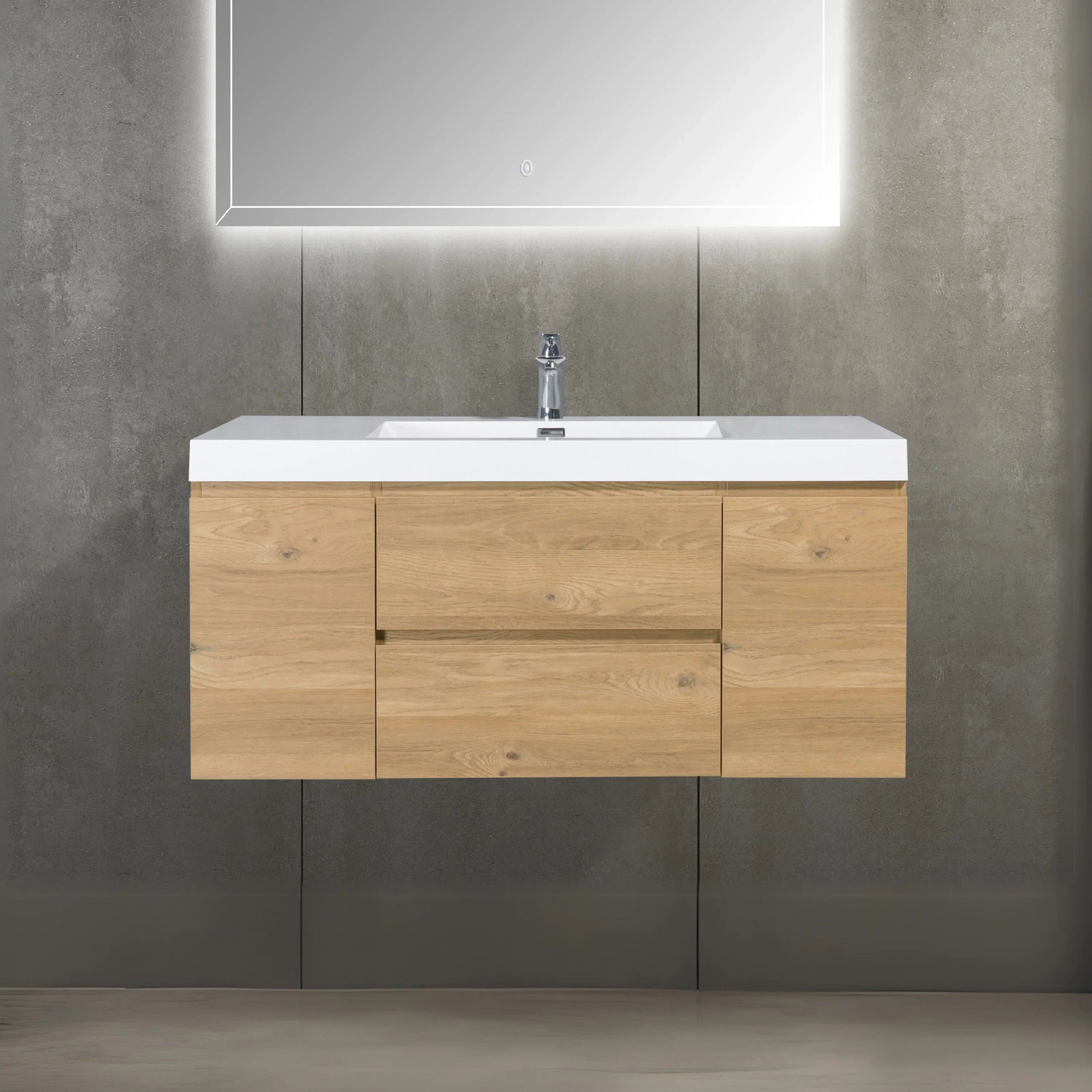 48" Rough Oak Wall Mount Single Sink Bathroom Vanity with White Polymarble Countertop - KD
