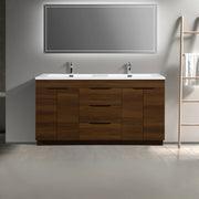 60" Walnut Freestanding Double Sink Bathroom Vanity with White Polymarble Countertop