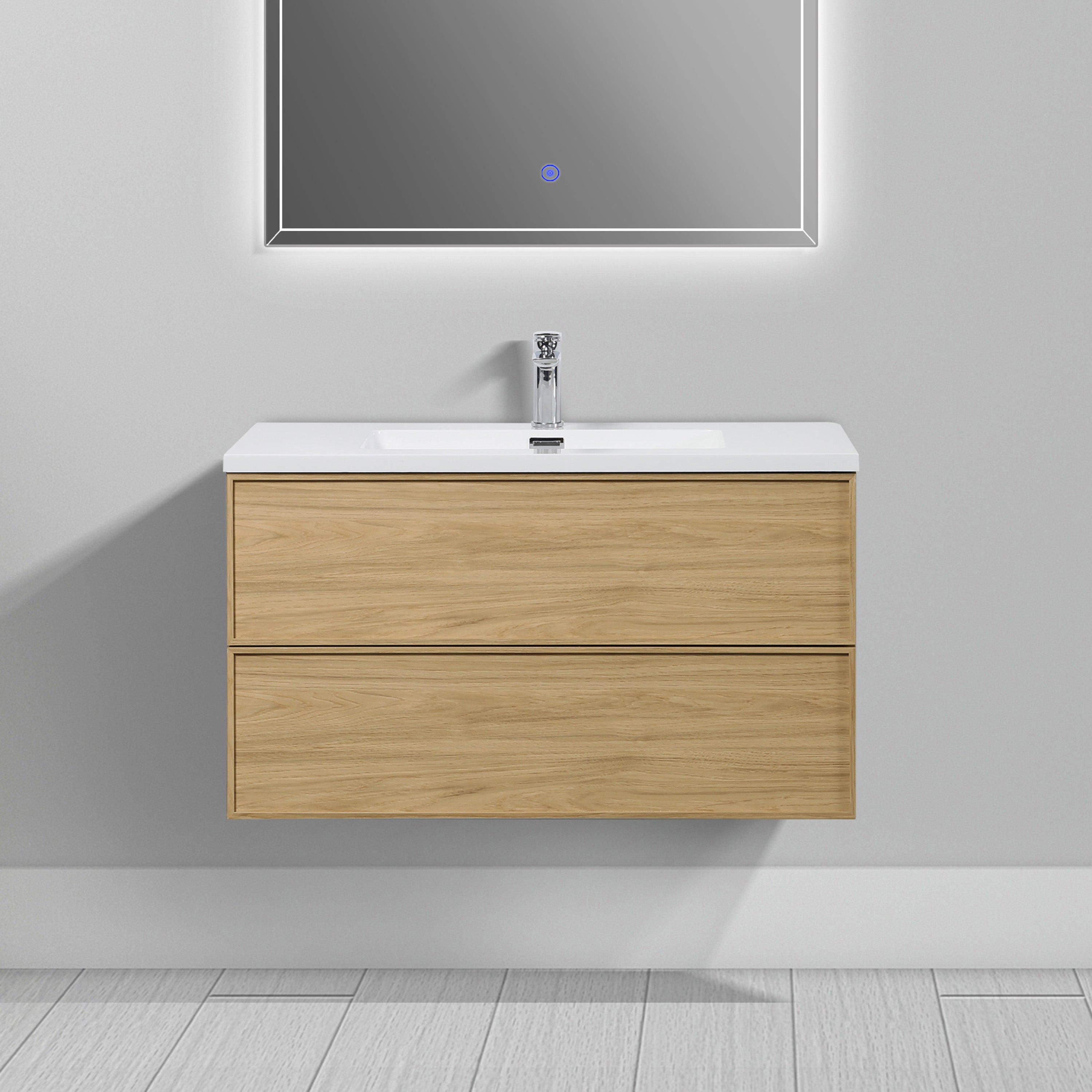36" Sunset Walnut Wall Mount Bathroom Vanity with White Polymarble Countertop