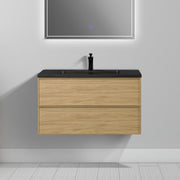 36" Sunset Walnut Wall Mount Bathroom Vanity with Black Engineered Quartz Countertop
