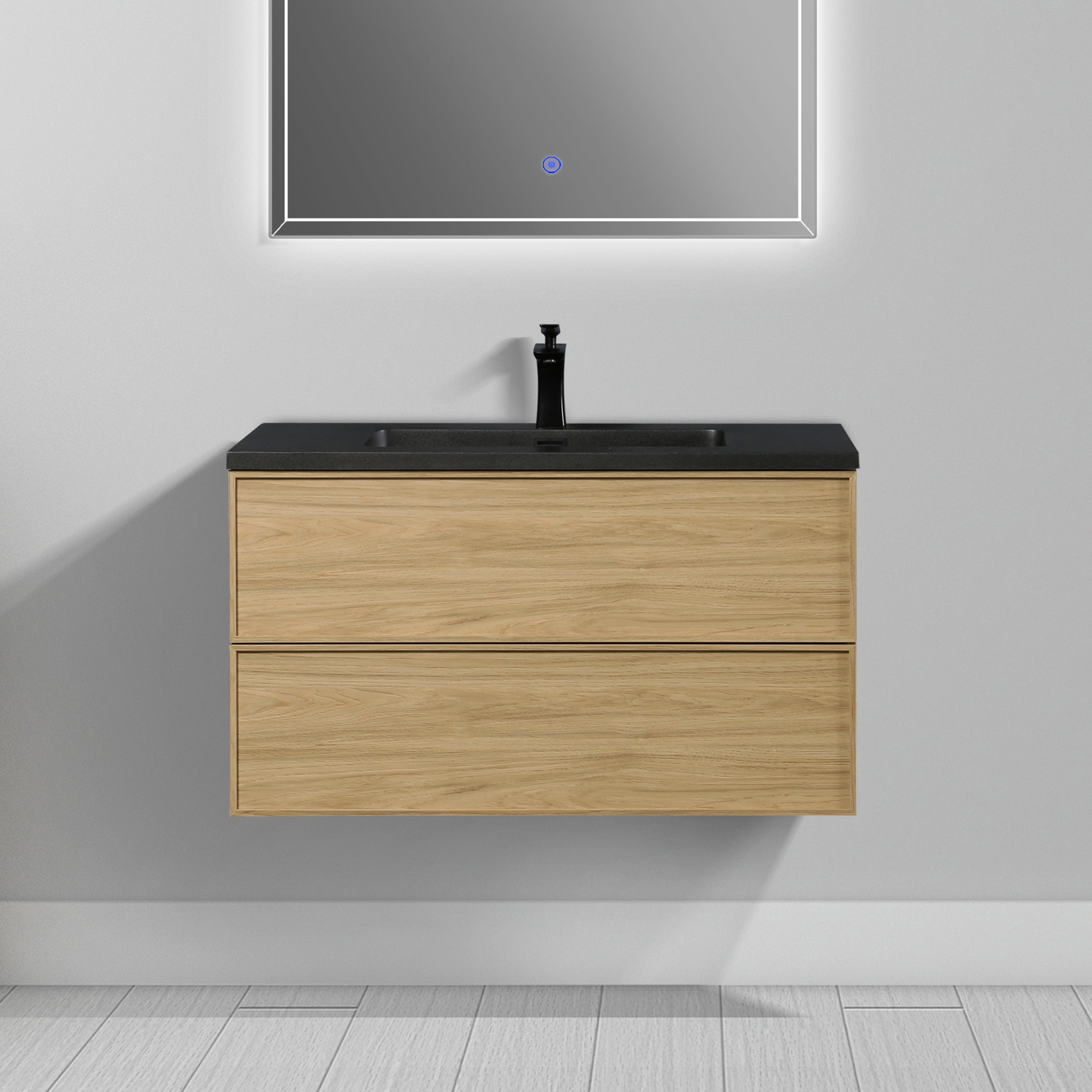 36" Sunset Walnut Wall Mount Bathroom Vanity with Black Engineered Quartz Countertop