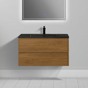 36" Honey Gold Walnut Wall Mount Bathroom Vanity with Black Engineered Quartz Countertop