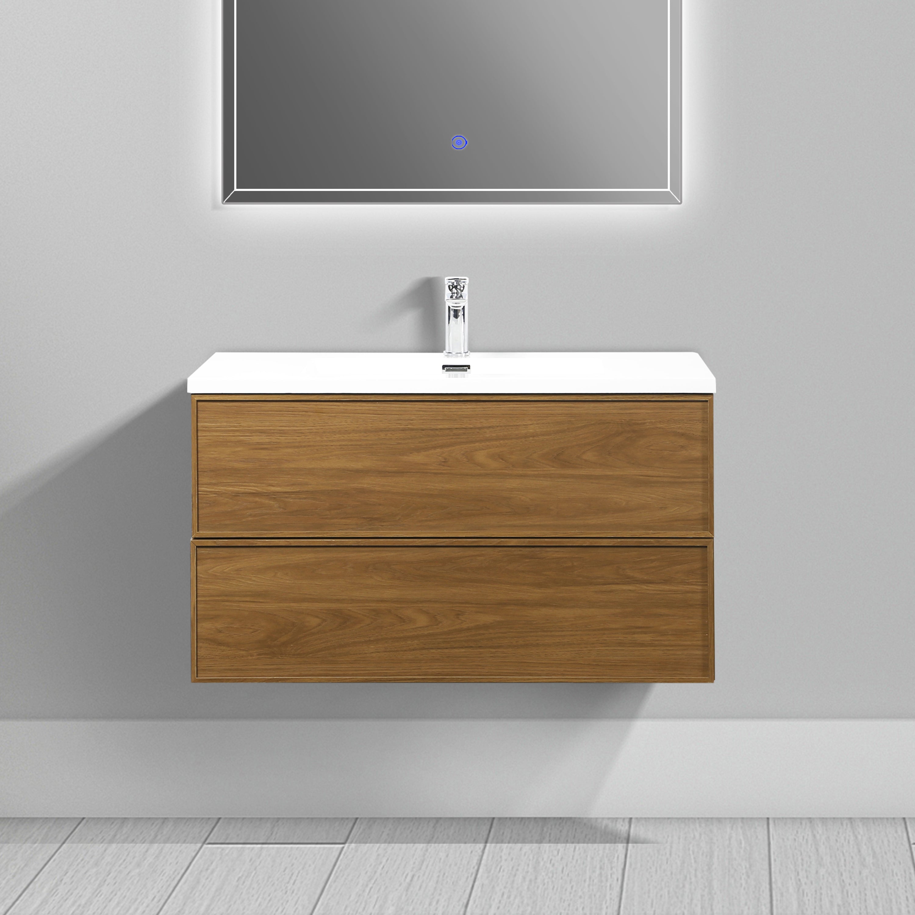 36" Honey Gold Walnut Wall Mount Bathroom Vanity with White Polymarble Countertop
