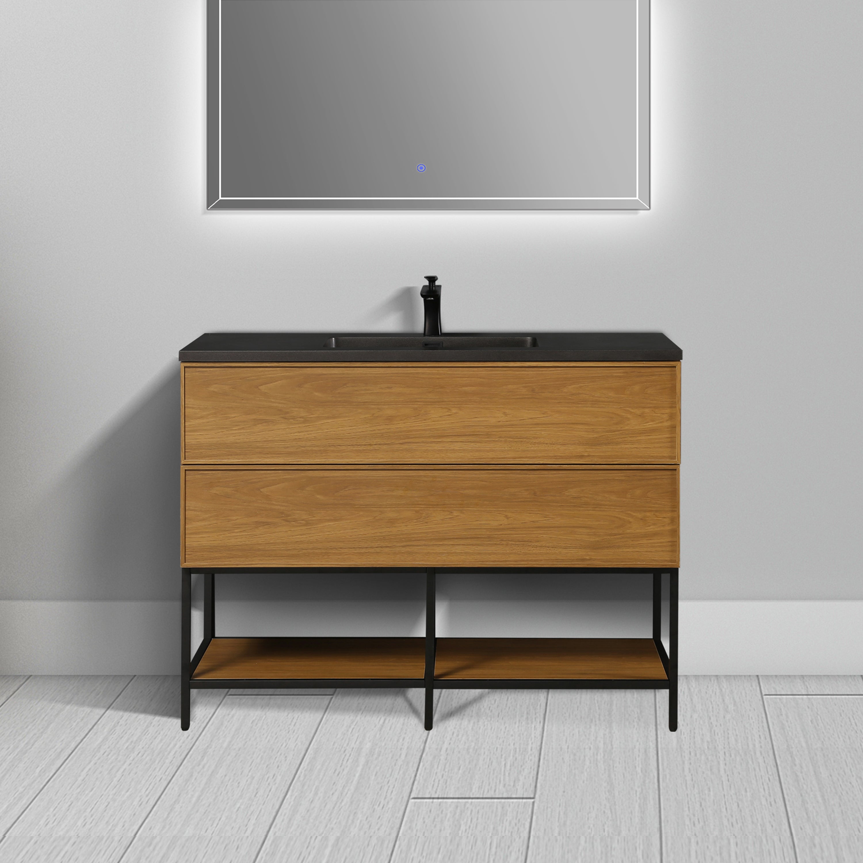 48" Honey Gold Walnut Wall Mount Bathroom Vanity with Black Engineered Quartz Countertop