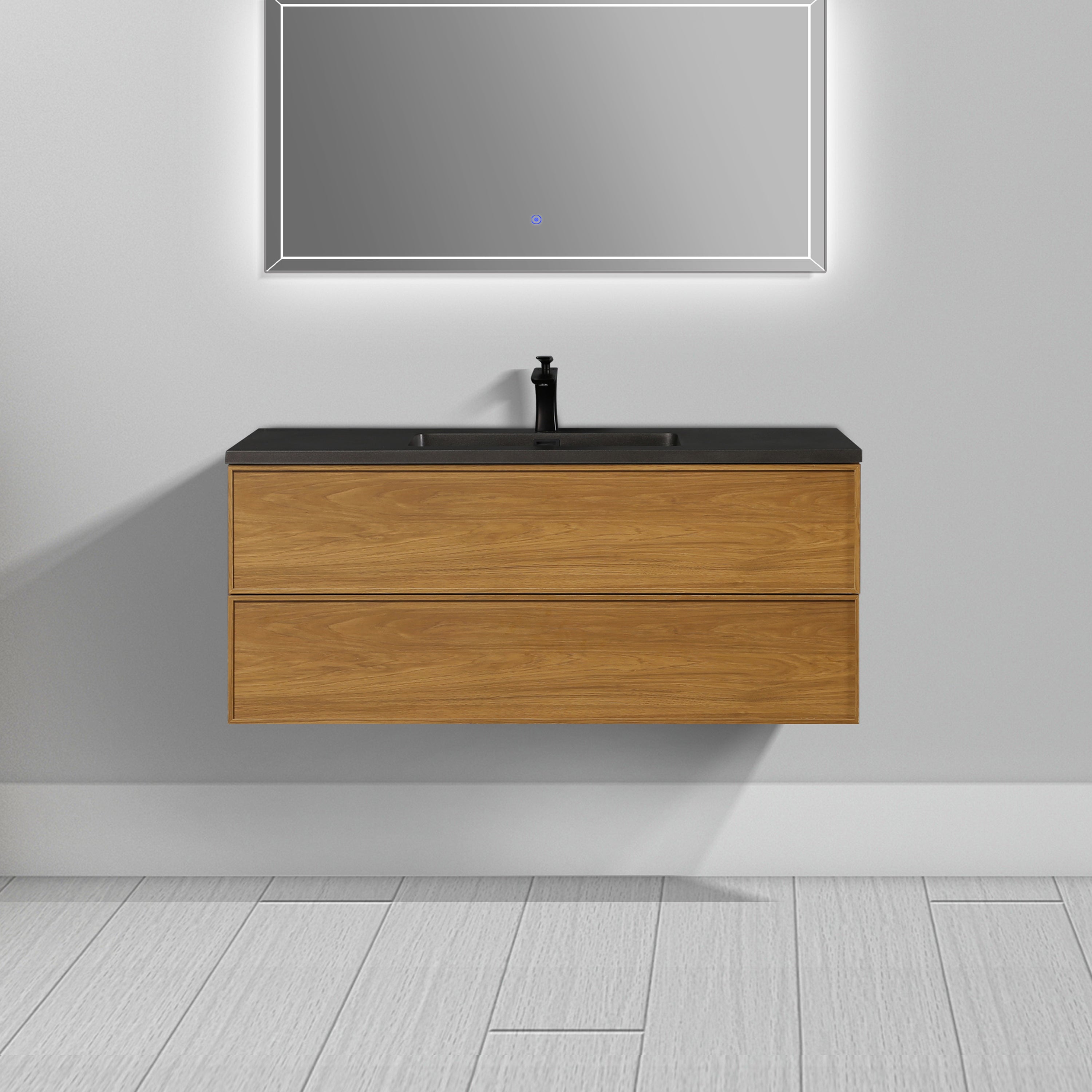 48" Honey Gold Walnut Wall Mount Bathroom Vanity with Black Engineered Quartz Countertop