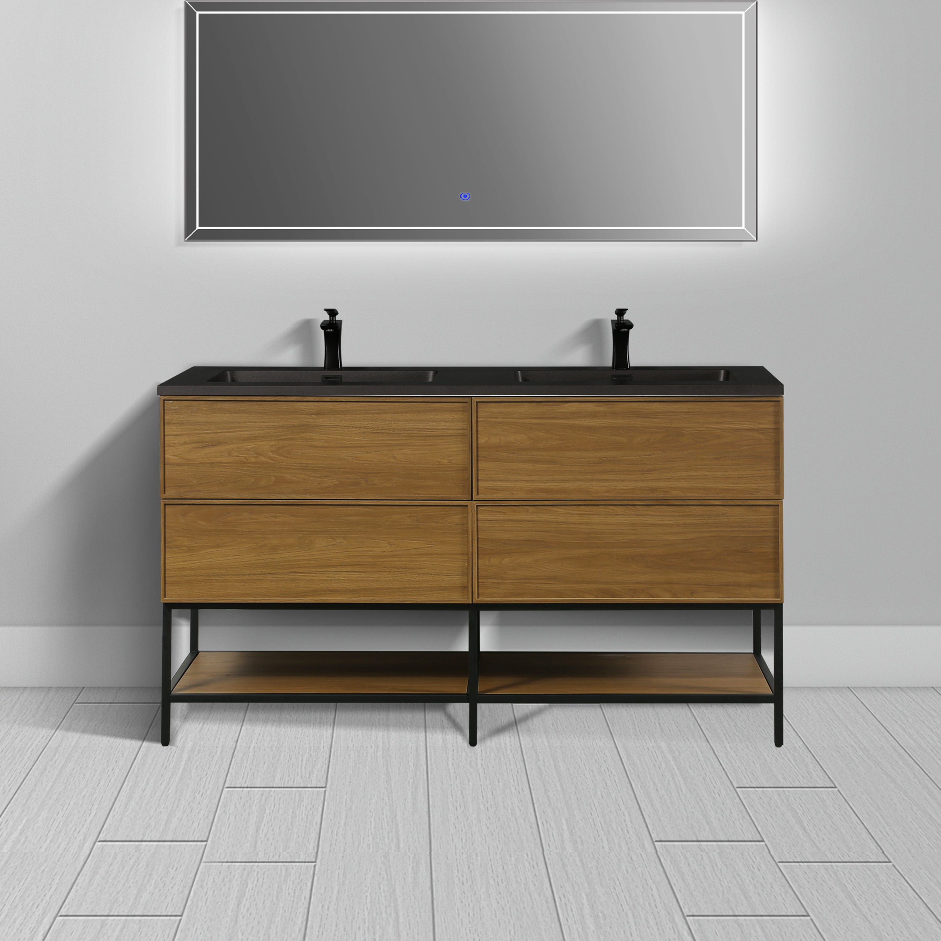 60" Honey Gold Walnut Wall Mount Double Sink Bathroom Vanity with Black Engineered Quartz Countertop