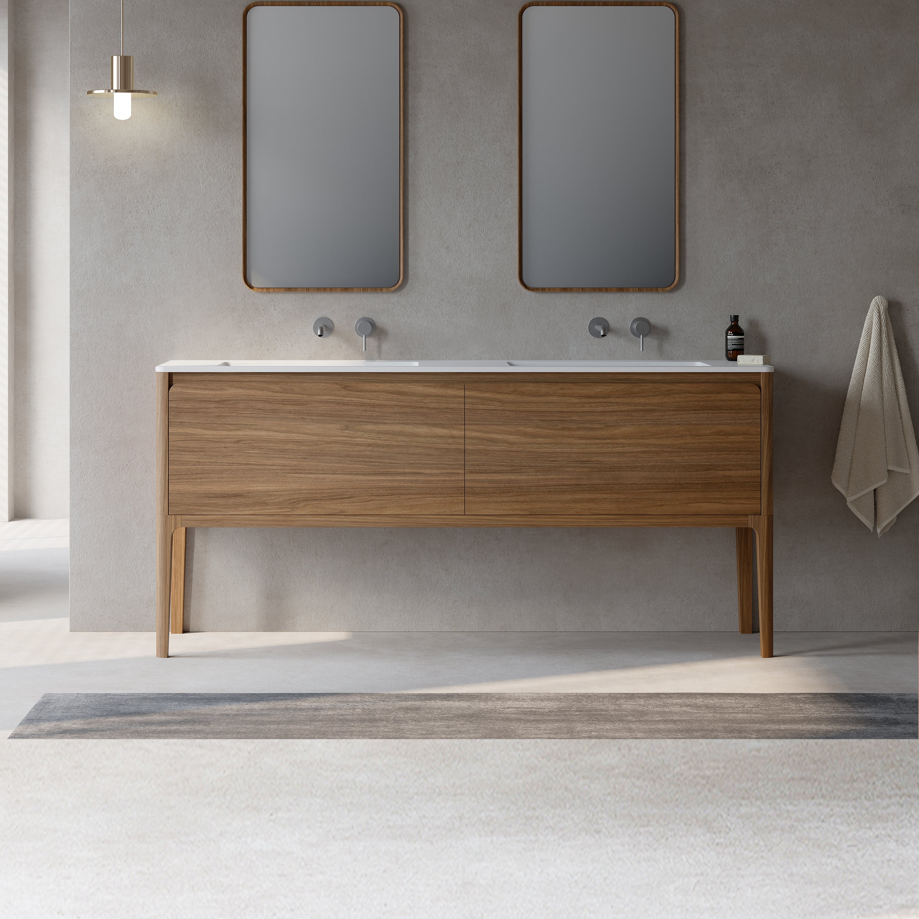 72" Walnut Wall Mount Double Sink Bathroom Vanity with Matte White Solid Surface Countertop