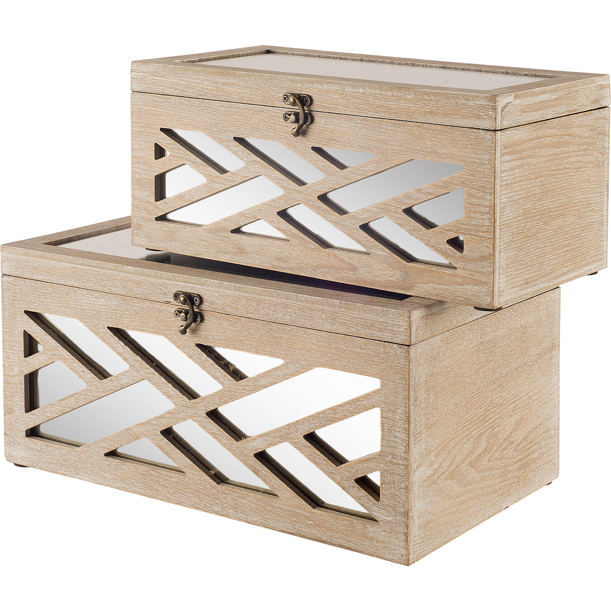 Tiffany Set of 2 Off-White Wooden Chevron Boxes with Mirror Inlay-Decorative Boxes-DECOROLALA