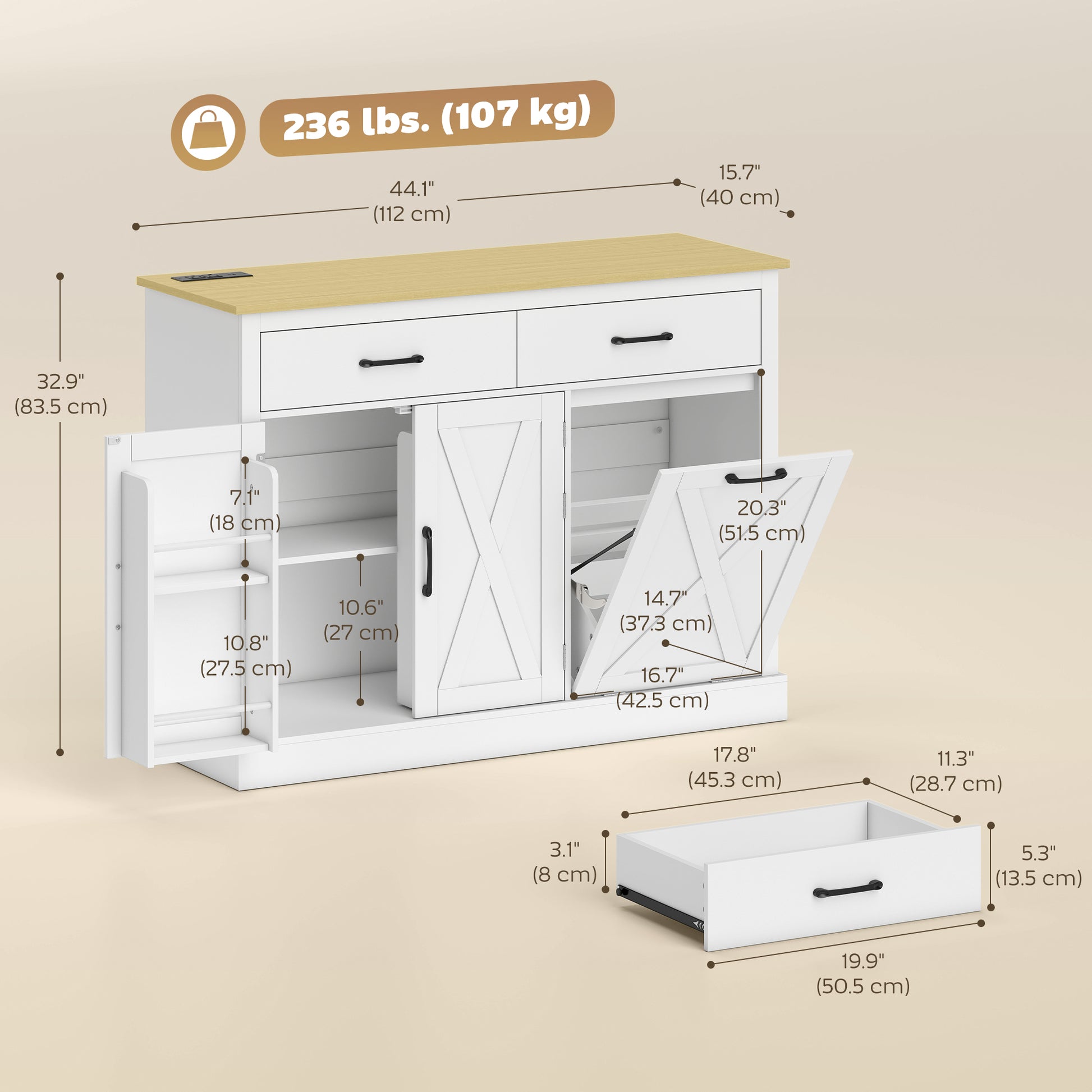 Tilt Out Garbage Cabinet Kitchen Island with Charging Station-DECOROLALA