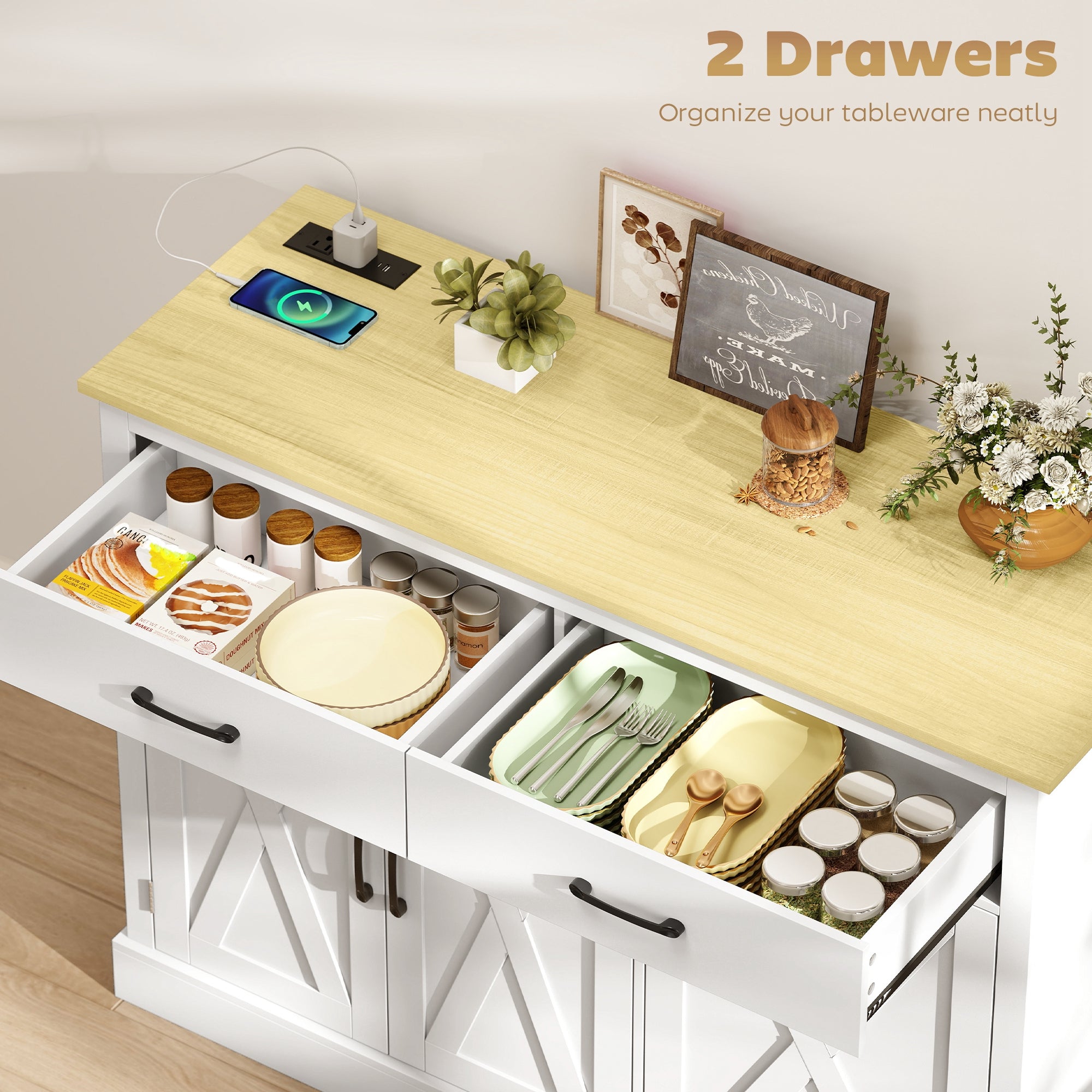 Tilt Out Garbage Cabinet Kitchen Island with Charging Station-DECOROLALA