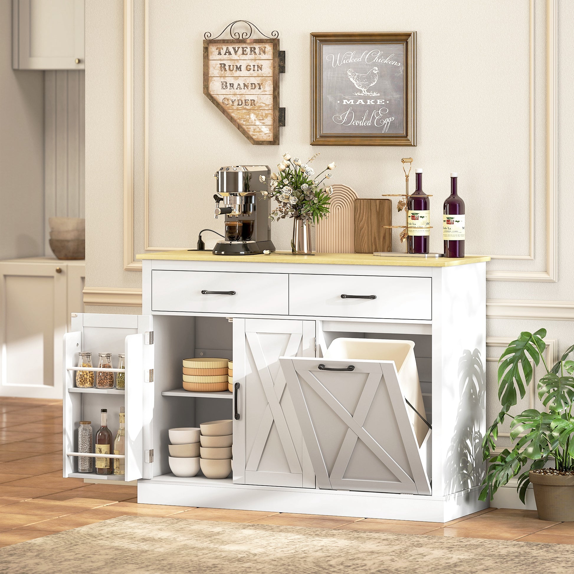 Tilt Out Garbage Cabinet Kitchen Island with Charging Station-DECOROLALA