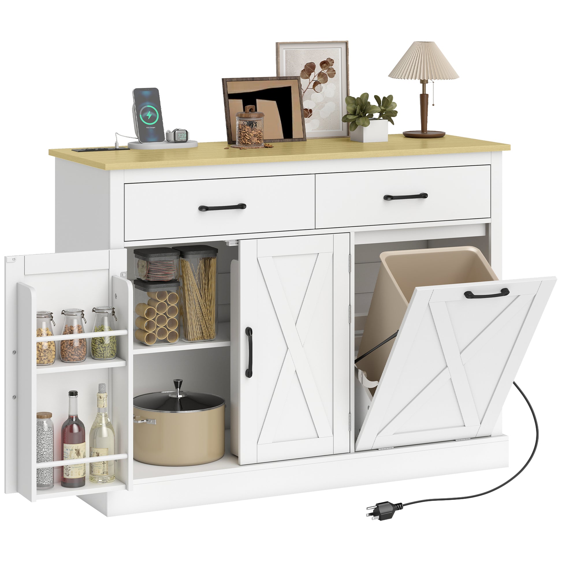 Tilt Out Garbage Cabinet Kitchen Island with Charging Station-DECOROLALA