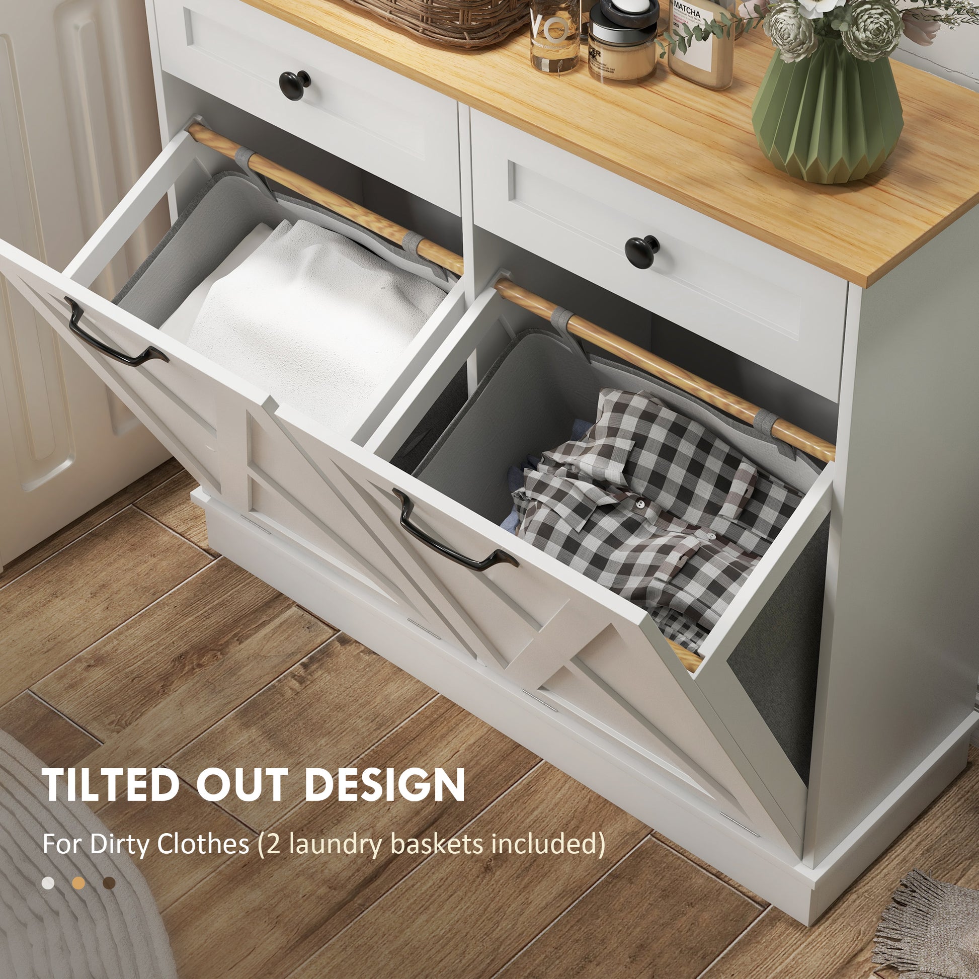 Tilt Out Laundry Cabinet - White Bathroom Storage with Drawers-DECOROLALA