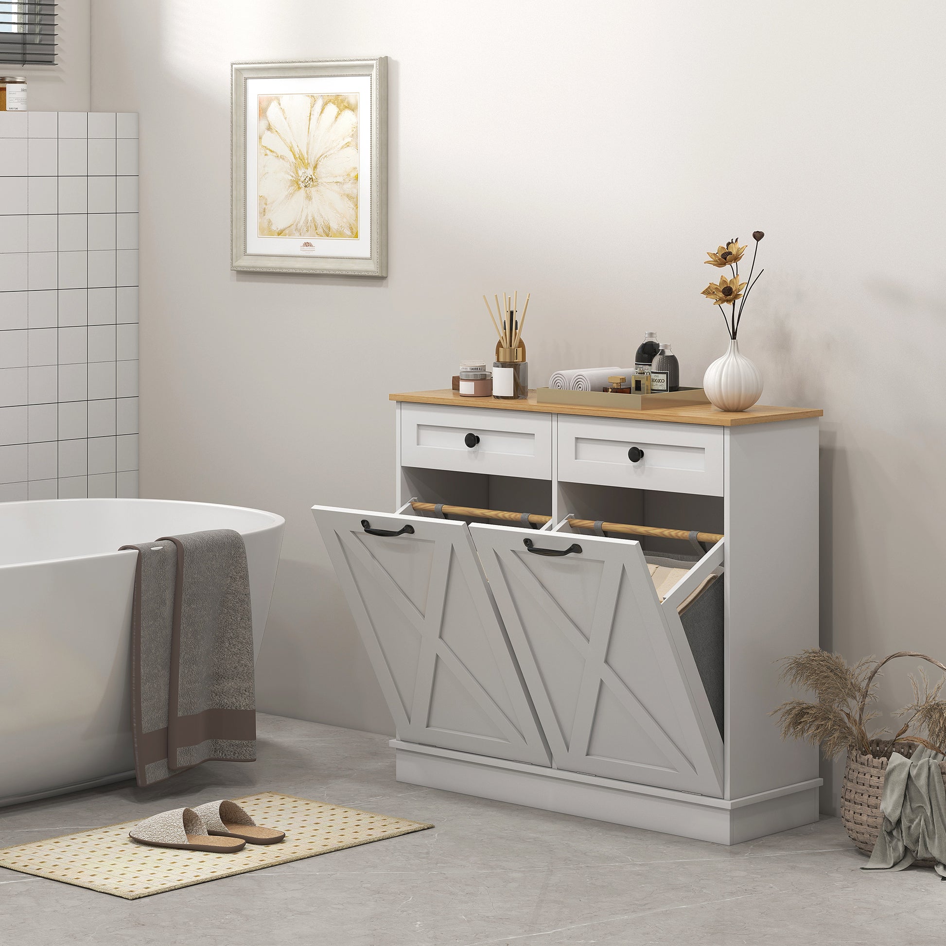 Tilt Out Laundry Cabinet - White Bathroom Storage with Drawers-DECOROLALA
