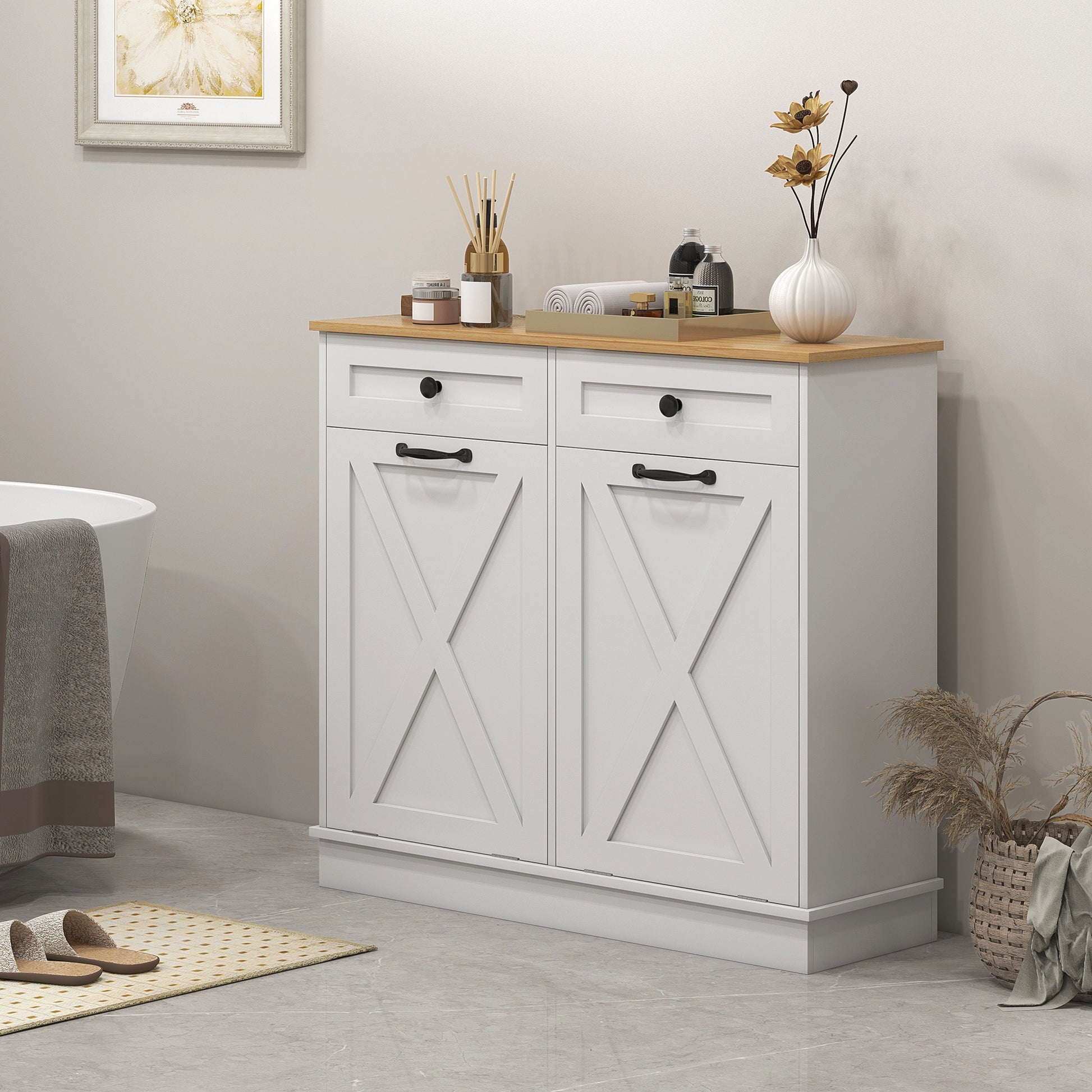 Tilt Out Laundry Cabinet - White Bathroom Storage with Drawers-DECOROLALA