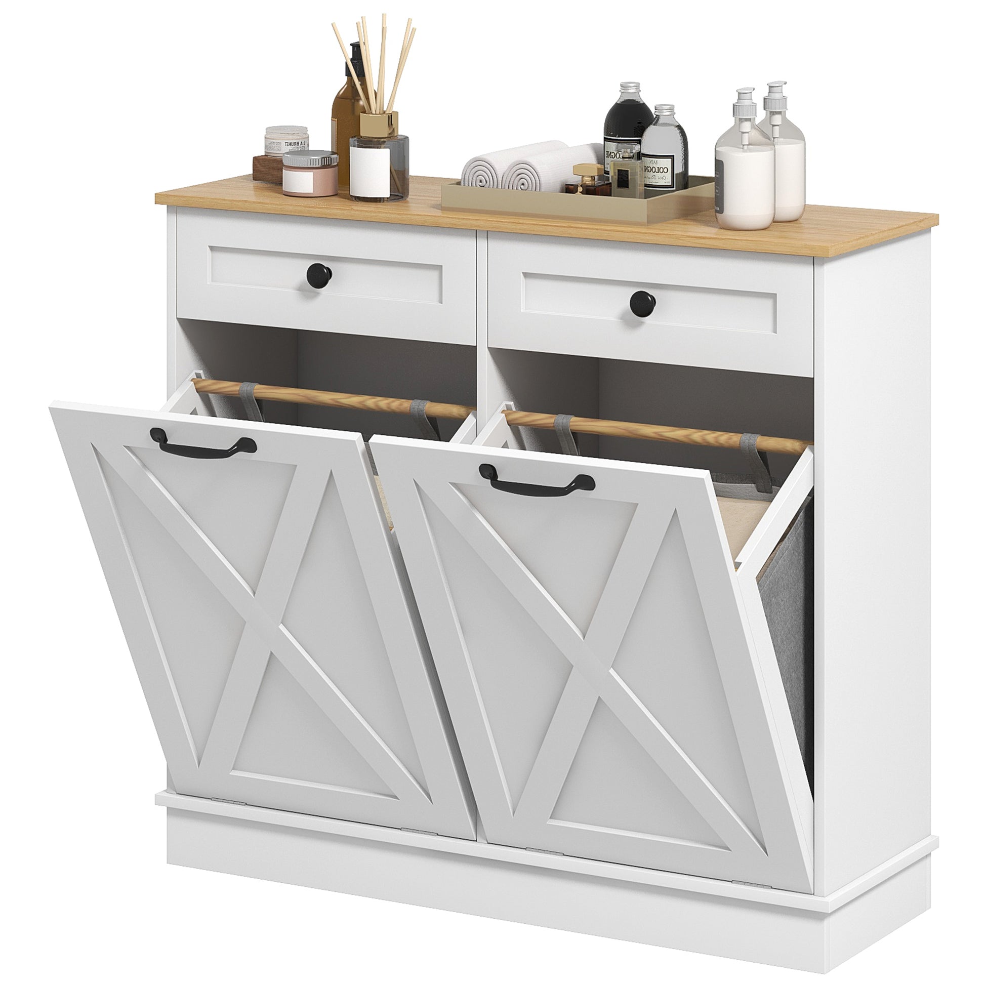 Tilt Out Laundry Cabinet - White Bathroom Storage with Drawers-DECOROLALA