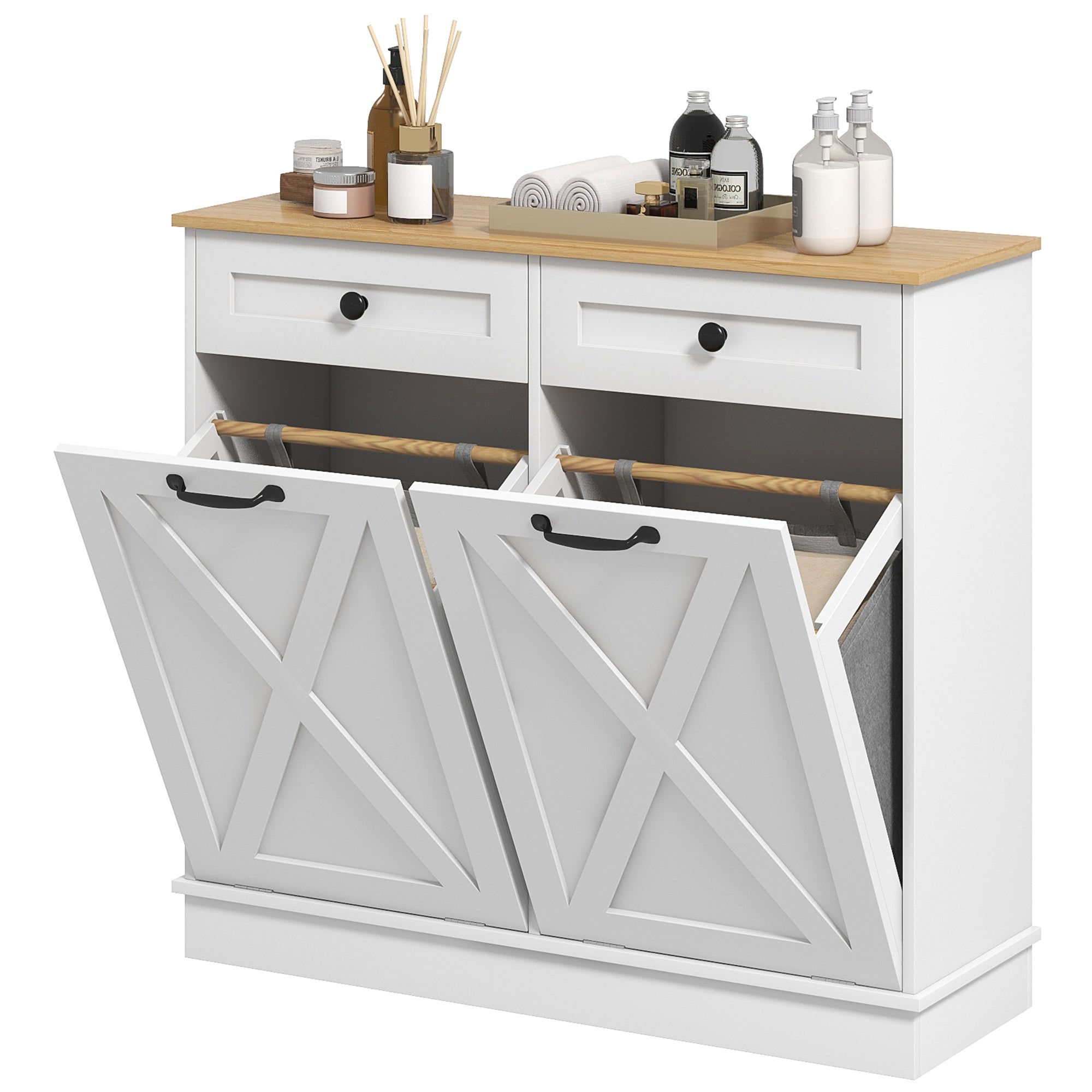 Tilt Out Laundry Cabinet - White Bathroom Storage with Drawers-DECOROLALA
