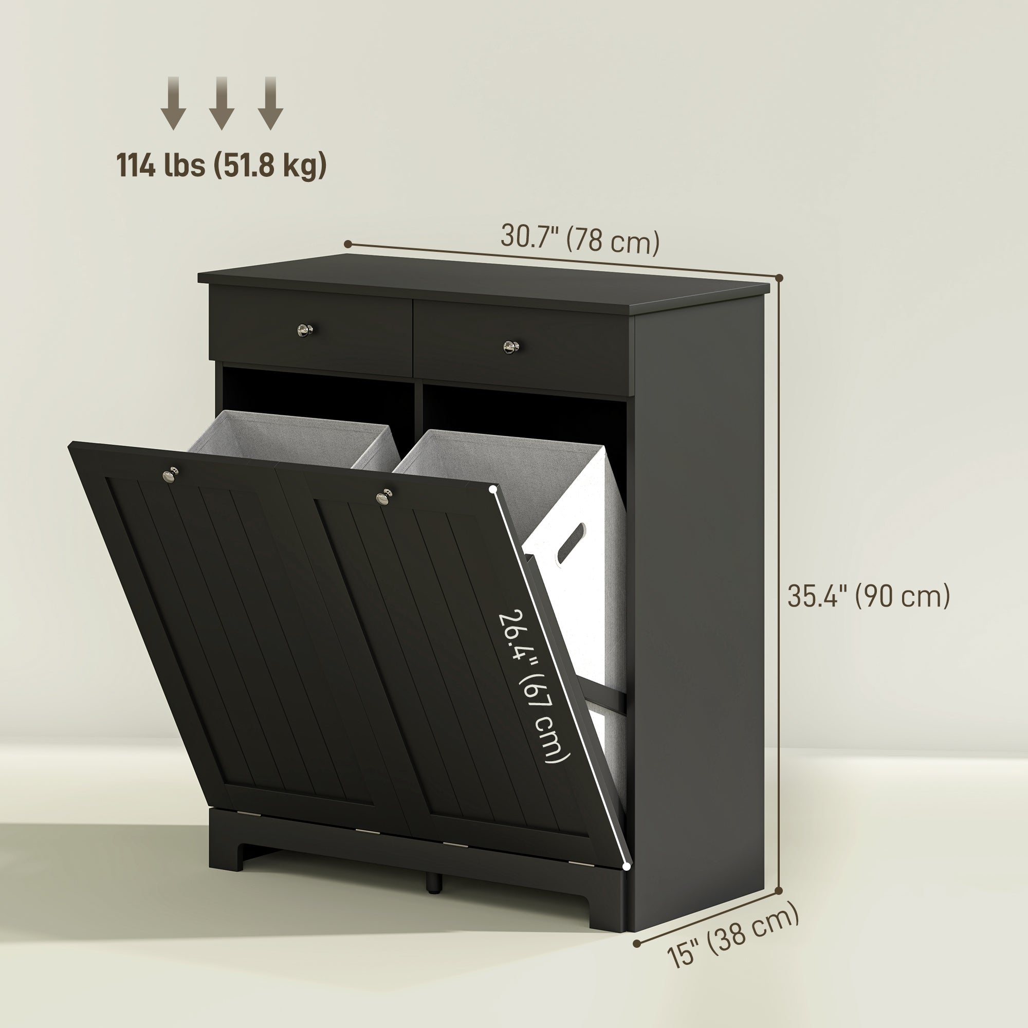 Tilt-Out Laundry Hamper Cabinet with 2 Drawers - Black-DECOROLALA
