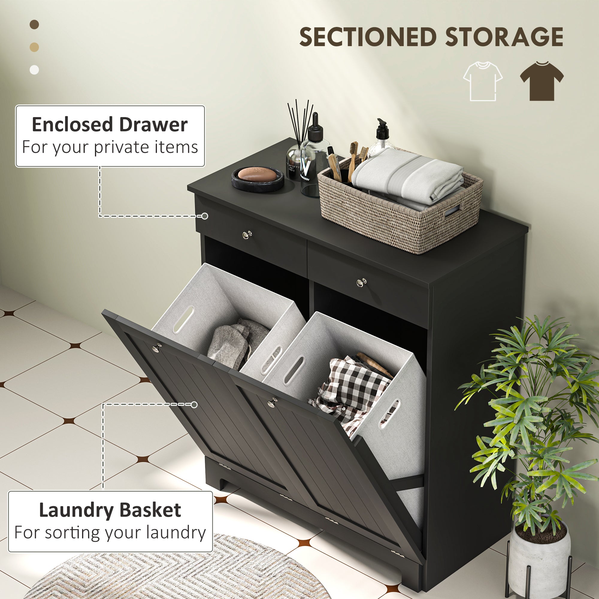 Tilt-Out Laundry Hamper Cabinet with 2 Drawers - Black-DECOROLALA