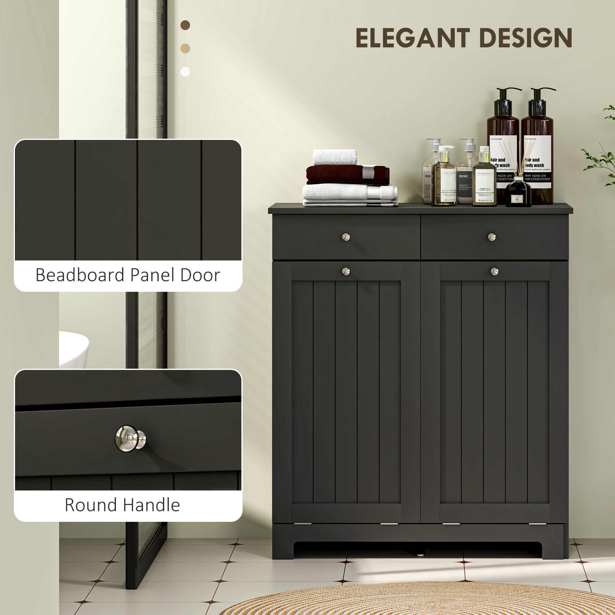 Tilt-Out Laundry Hamper Cabinet with 2 Drawers - Black-DECOROLALA