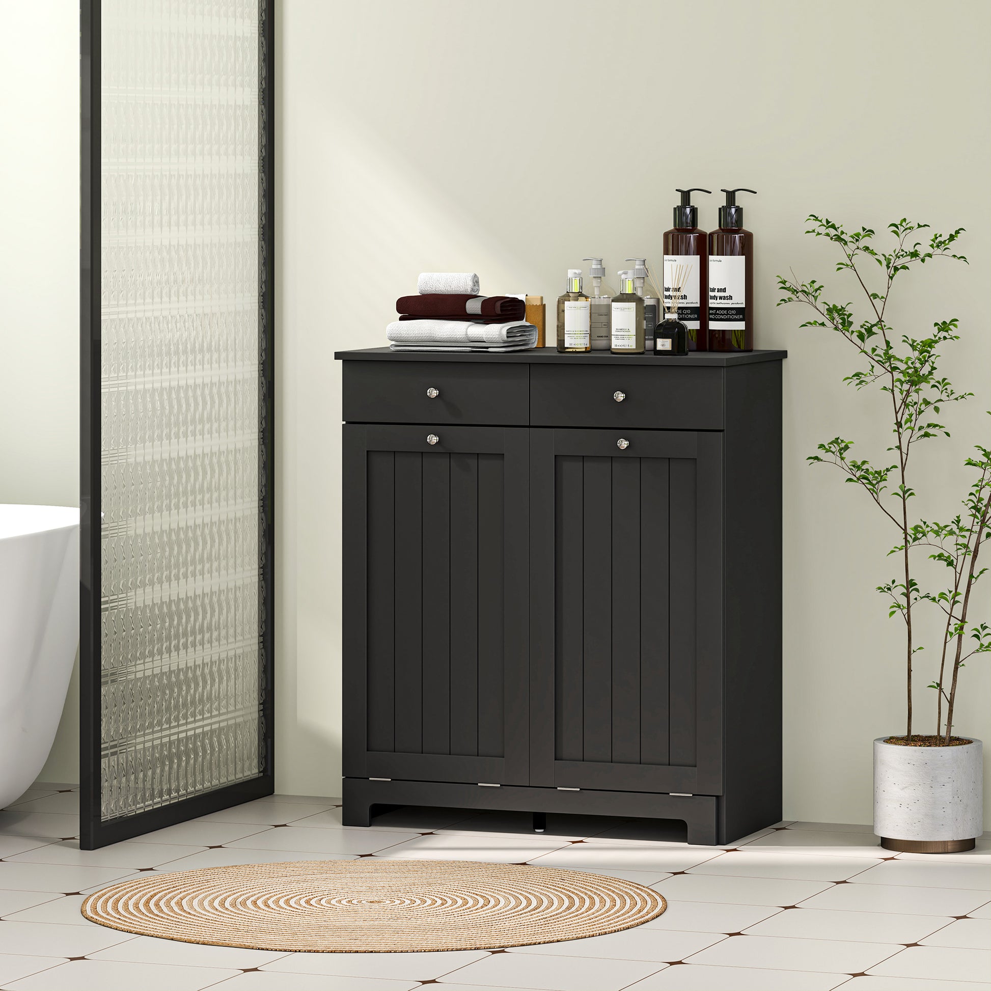 Tilt-Out Laundry Hamper Cabinet with 2 Drawers - Black-DECOROLALA