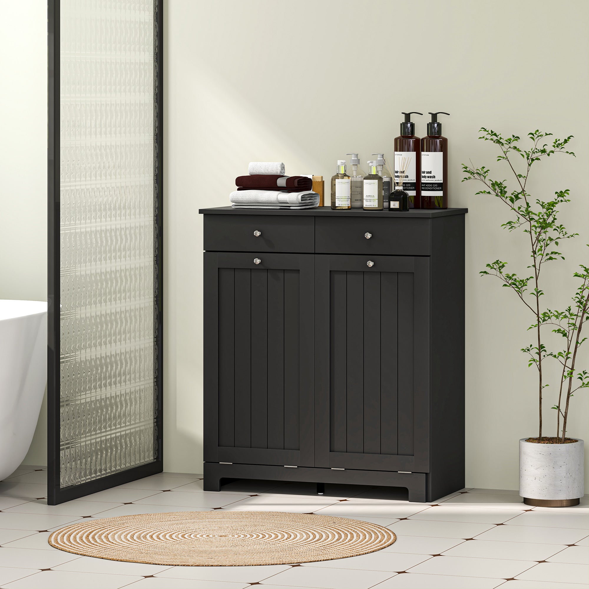 Tilt-Out Laundry Hamper Cabinet with 2 Drawers - Black-DECOROLALA