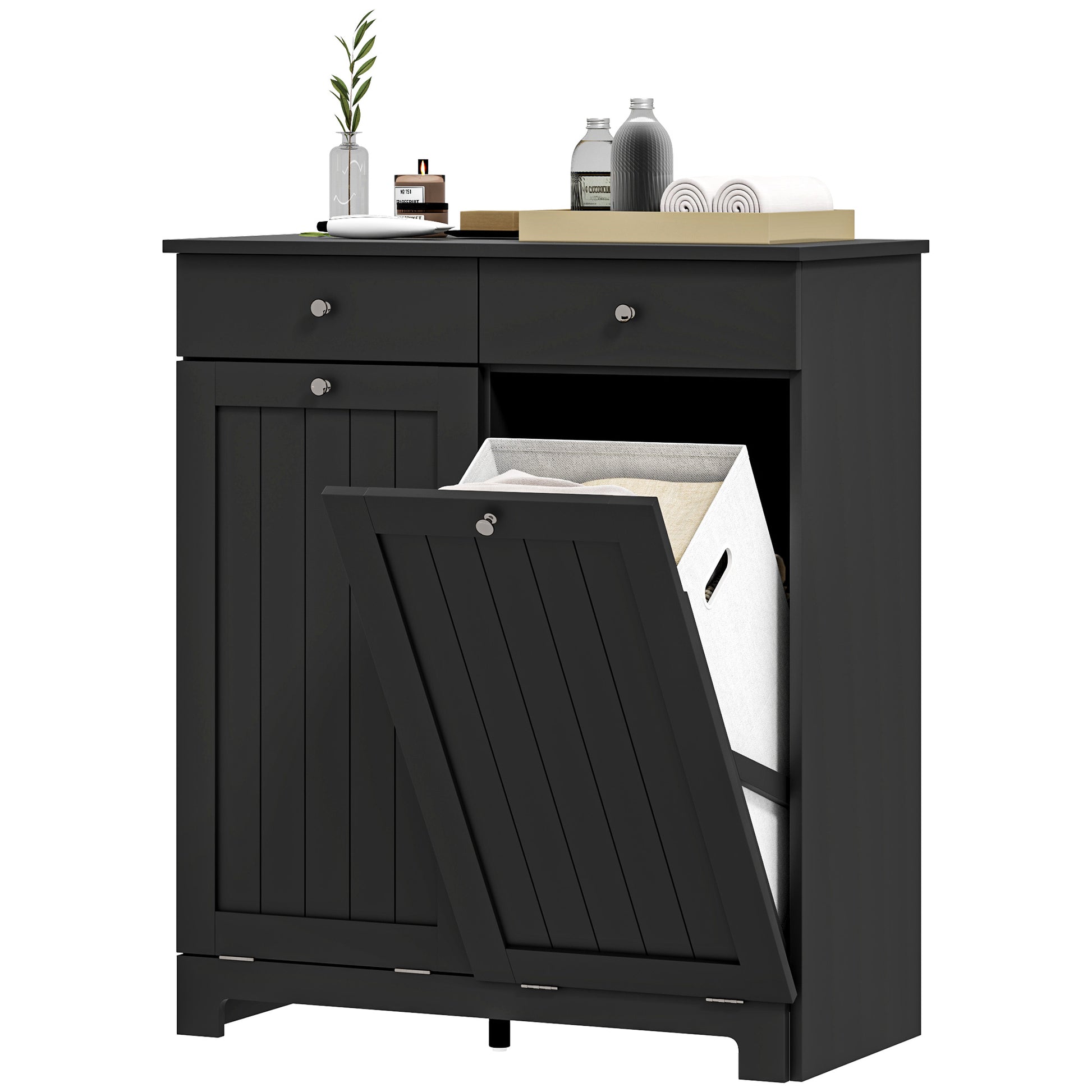Tilt-Out Laundry Hamper Cabinet with 2 Drawers - Black-DECOROLALA