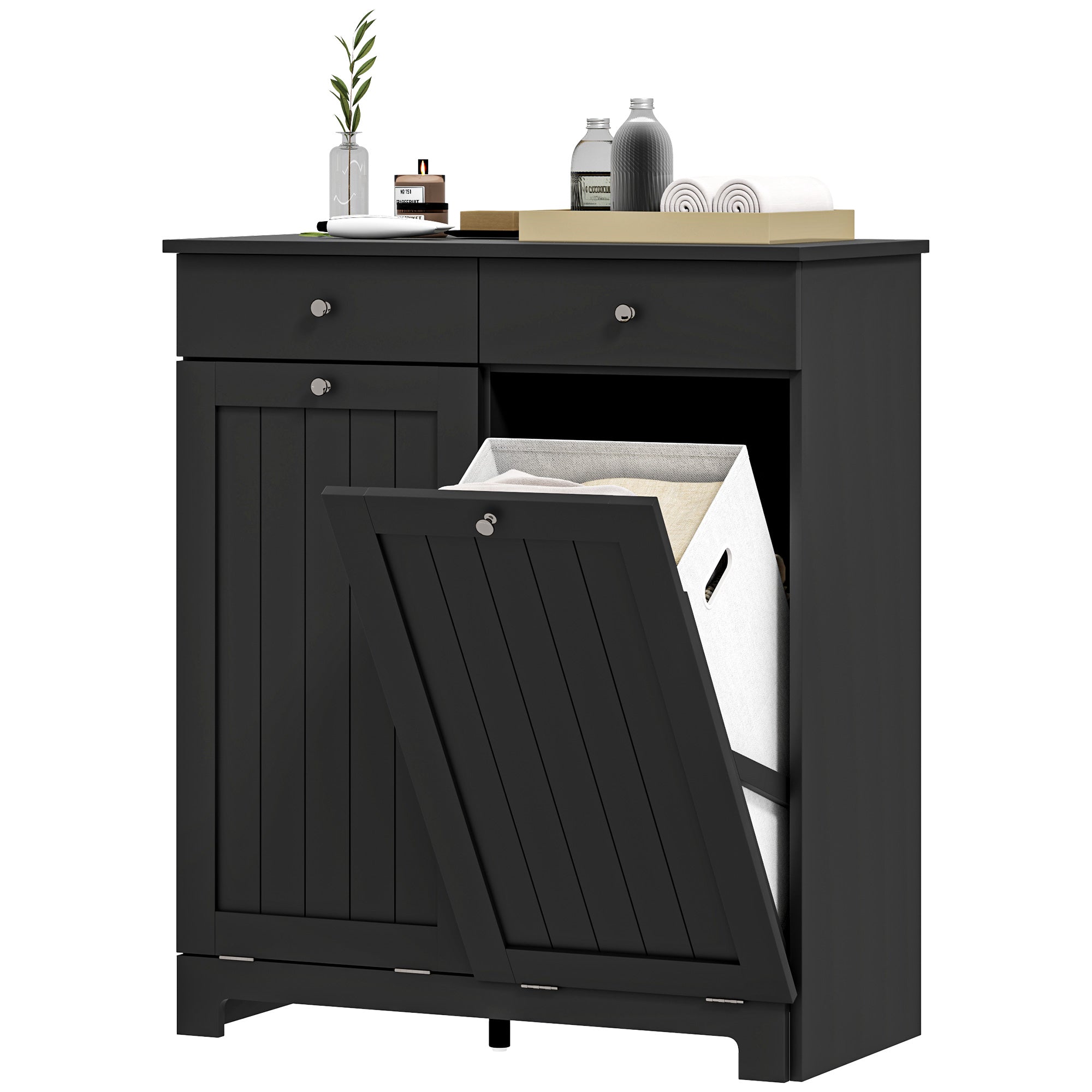 Tilt-Out Laundry Hamper Cabinet with 2 Drawers - Black-DECOROLALA