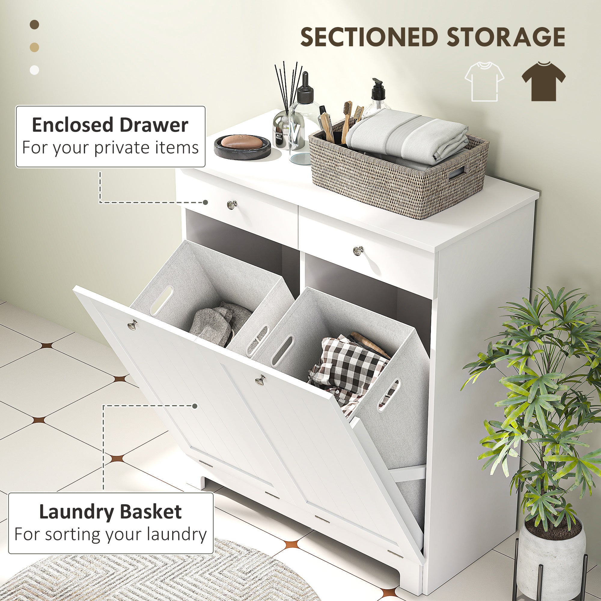 Tilt-Out Laundry Hamper Cabinet with 2 Drawers - White-DECOROLALA