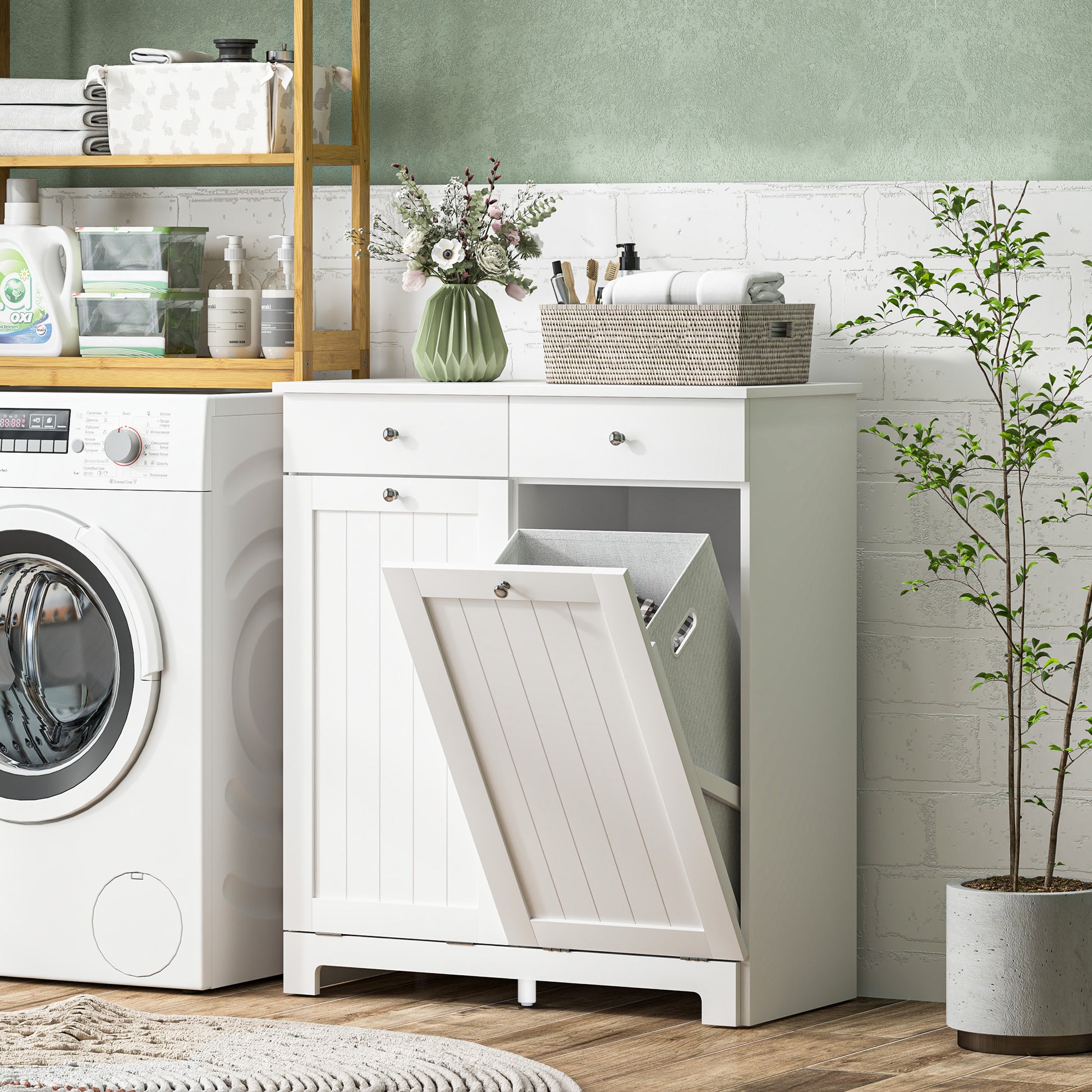 Tilt-Out Laundry Hamper Cabinet with 2 Drawers - White-DECOROLALA