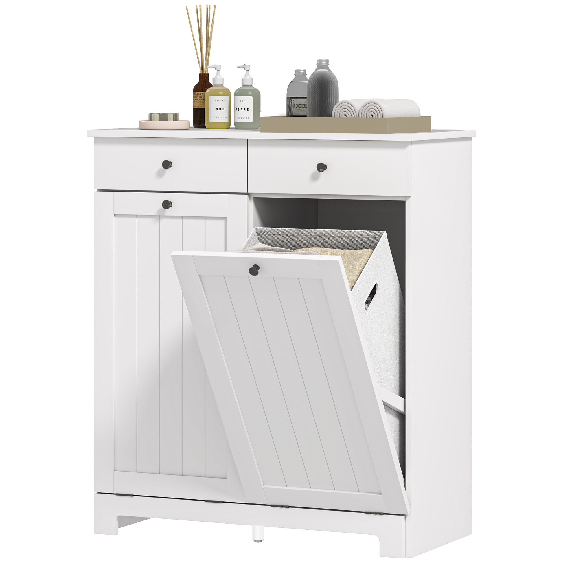 Tilt-Out Laundry Hamper Cabinet with 2 Drawers - White-DECOROLALA