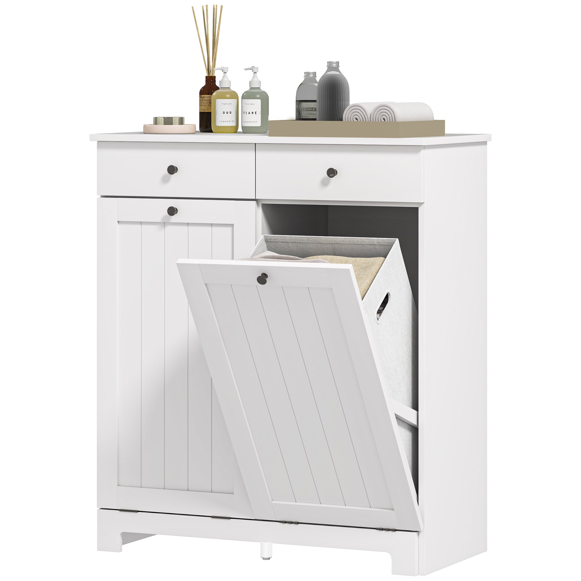 Tilt-Out Laundry Hamper Cabinet with 2 Drawers - White-DECOROLALA