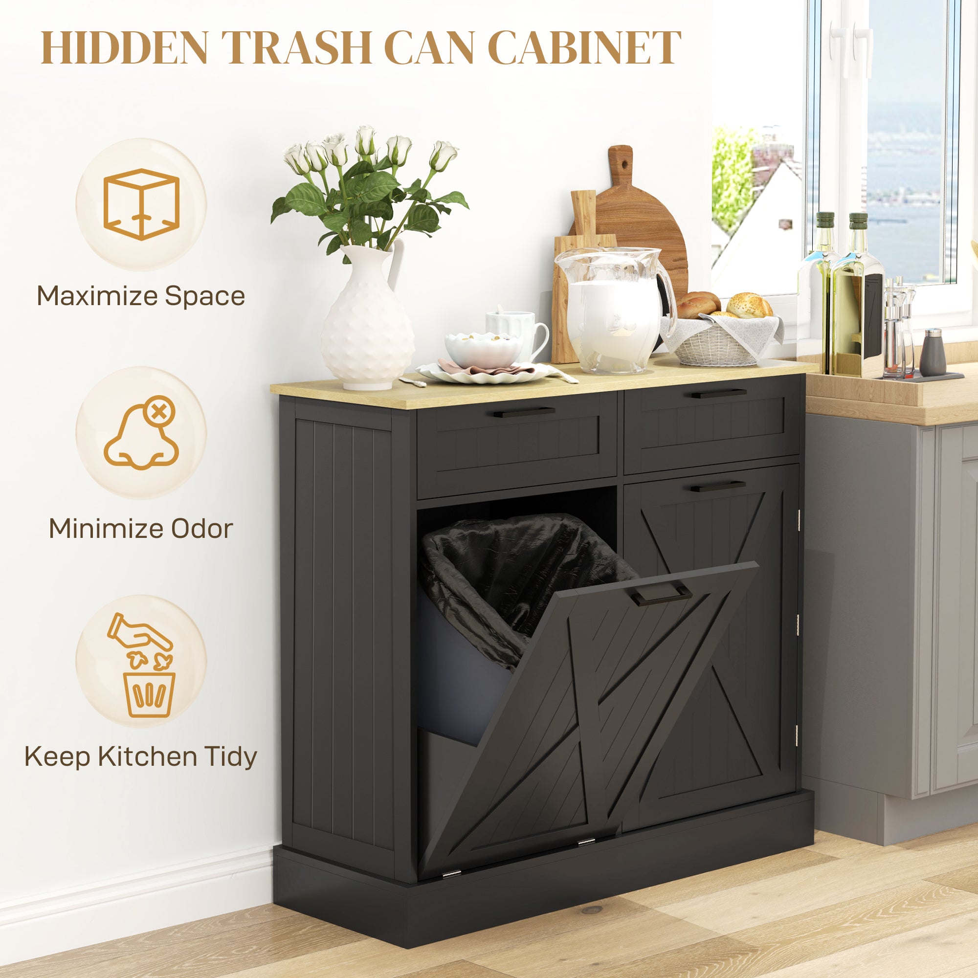 Tilt Out Trash Cabinet - 10 Gallon Kitchen Island Black-DECOROLALA